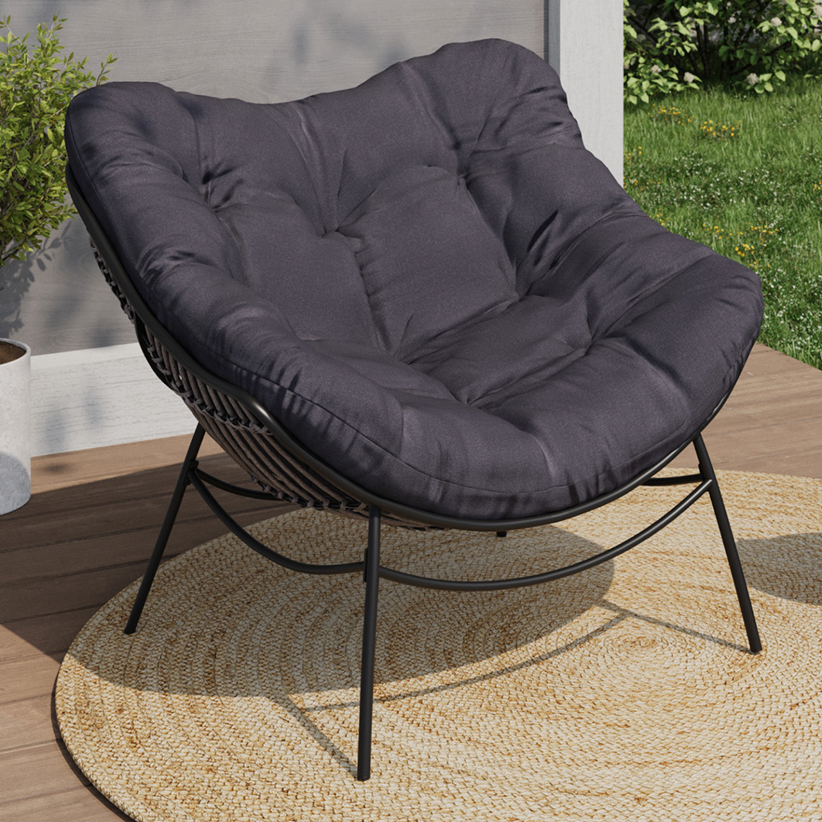 ID MARKET Fauteuil de jardin relax LOA effet rotin gris et coussin gris