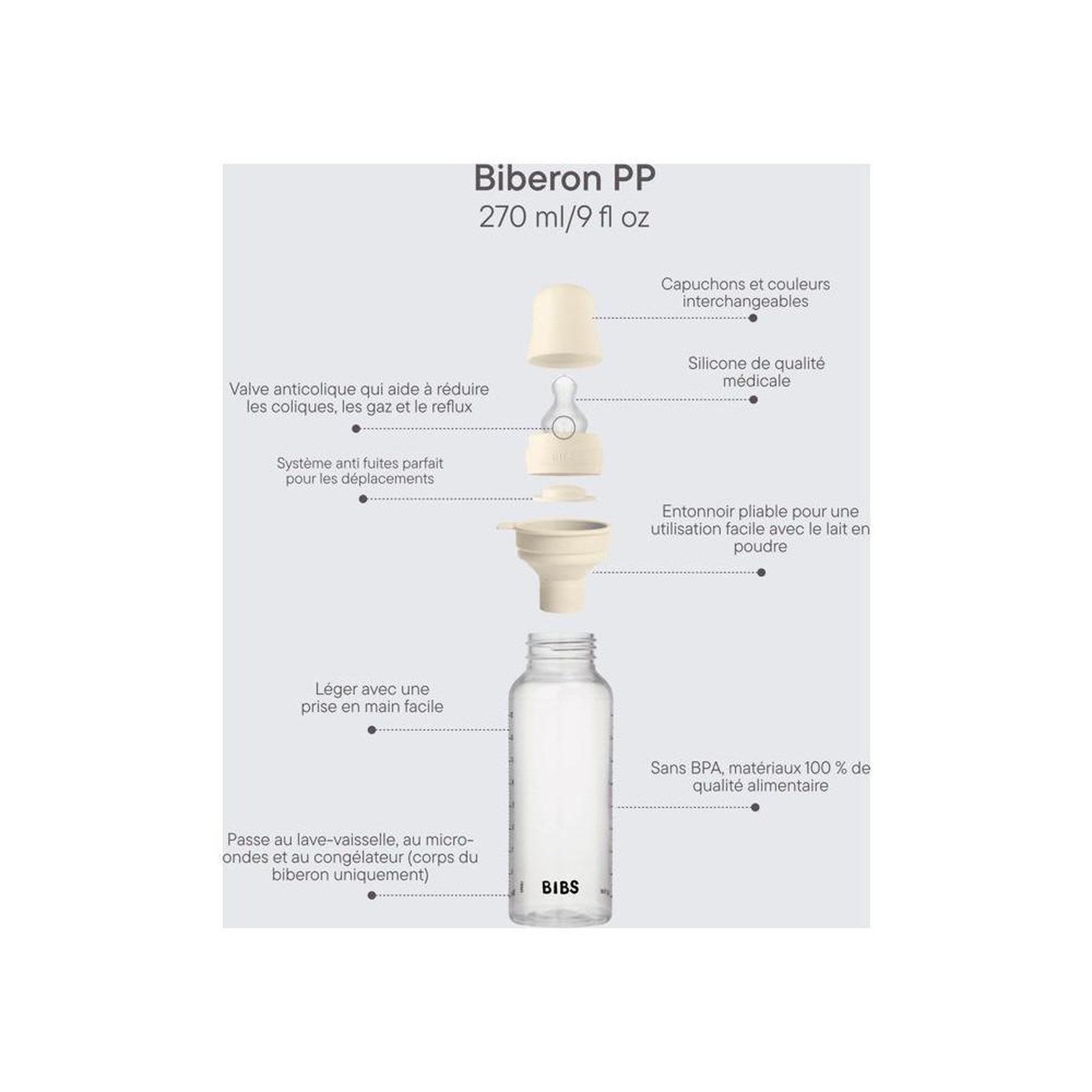 Voir la diapositive 3 : BIBEE Set de biberons bébé bibs, lot de 2, 270 ml, silicone anti-colique, tétines à bout rond débit moyen, ivoire