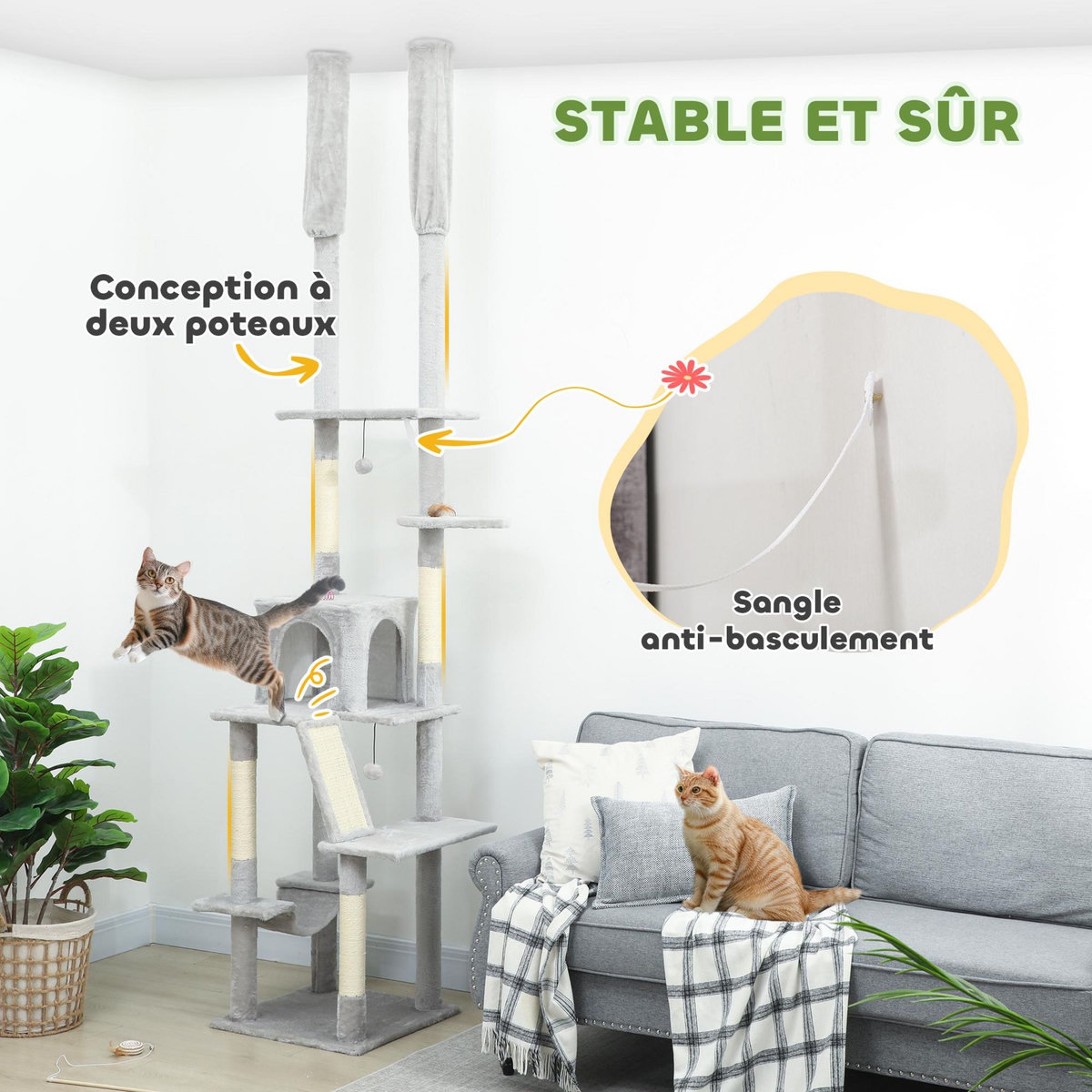 PAWHUT Arbre à chat du sol au plafond XXL, hauteur réglable 225-255 cm, griffoir pour chat en sisal à 6 niveaux avec niche, hamac, plates-formes, échelle et 2 pompons suspendues, gris clair