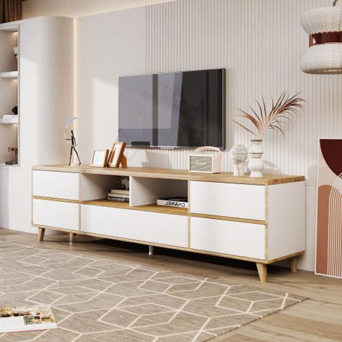 MERAX Meuble tv naturel+blanc 175 cm mdf
