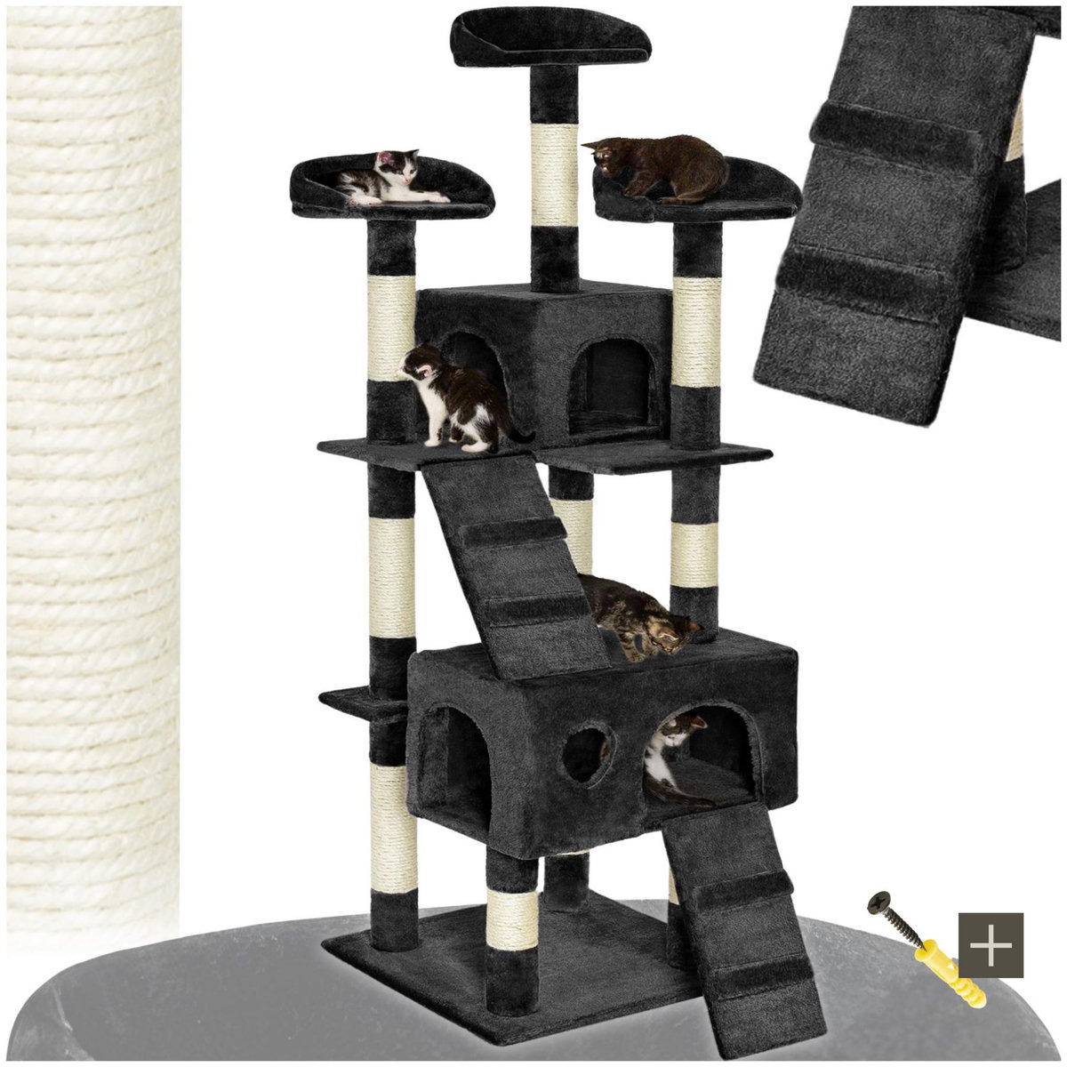 tectake Arbre à chat 170 cm avec griffoir et plateforme d'escalade noir