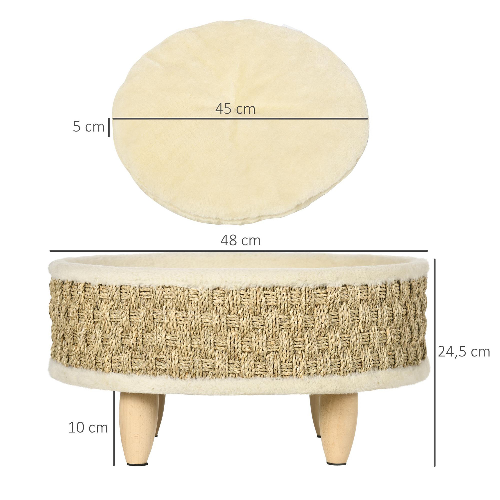 Voir la diapositive 3 : PAWHUT Canapé panier lit chien chat style cosy naturel - coussin inclus - dim. Ø 48 x 24,5h cm - bois pin jonc de mer