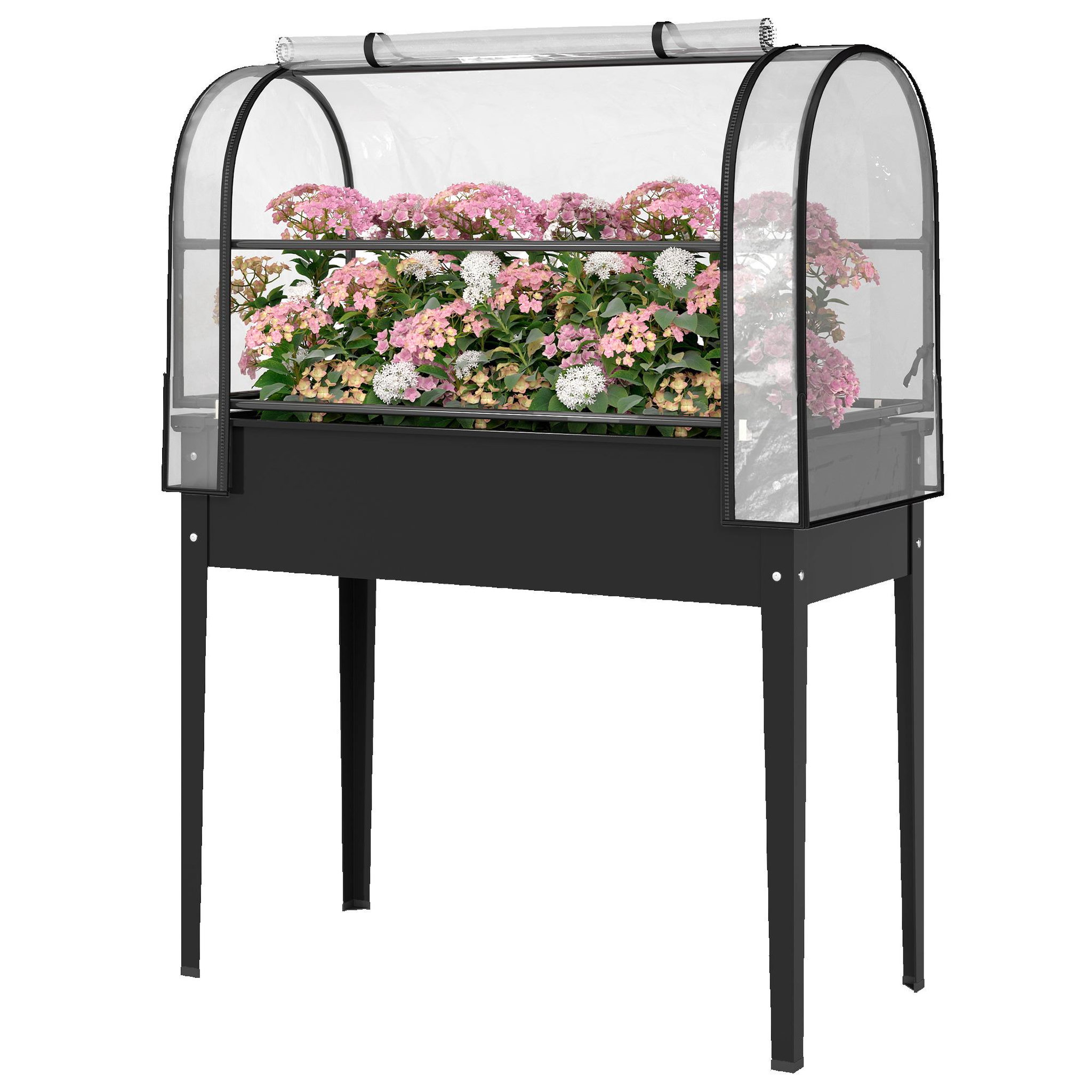 Voir la diapositive 5 : OUTSUNNY Potager sur pieds - serre rabattable - trou de drainage - pour plantes fleurs légumes - métal - 100 x 49 x 136 - noir