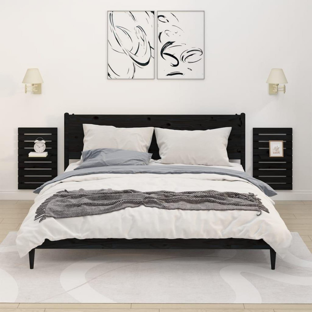 VIDAXL Etageres de chevet murales 2 pcs Noir Bois de pin massif