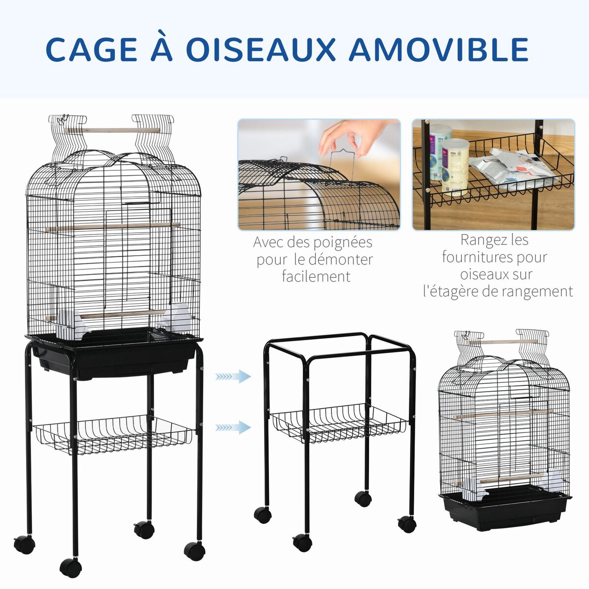 PAWHUT PawHut Cage à oiseaux volière amovible sur roulettes - toit ouvrant, tiroir déjection, 2 perchoirs, 2 trappes, porte, 2 mangeoires, 2 poignées - étagère - acier PP noir
