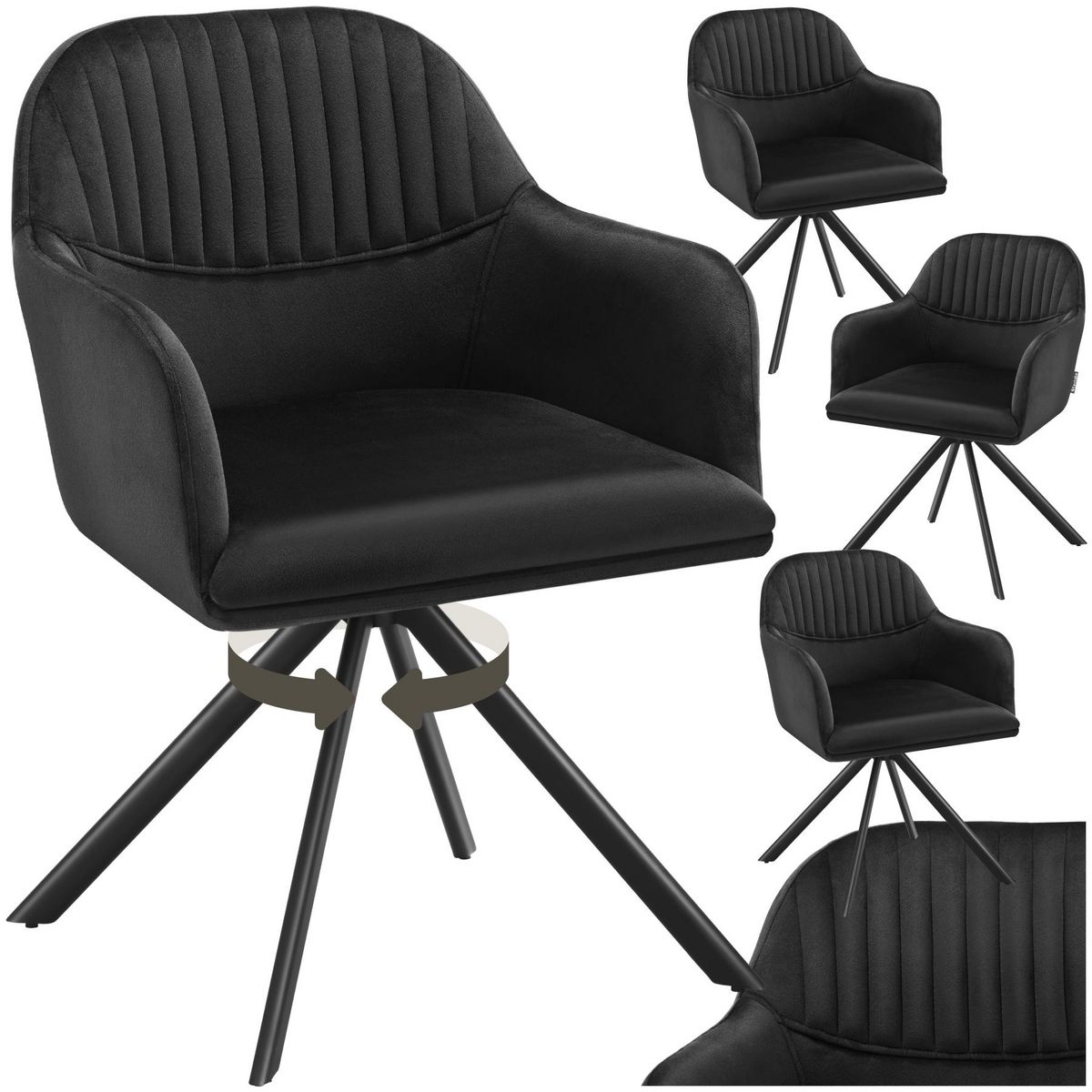 tectake Chaise pivotante en velours rembourrée noir/noir Lot de 4