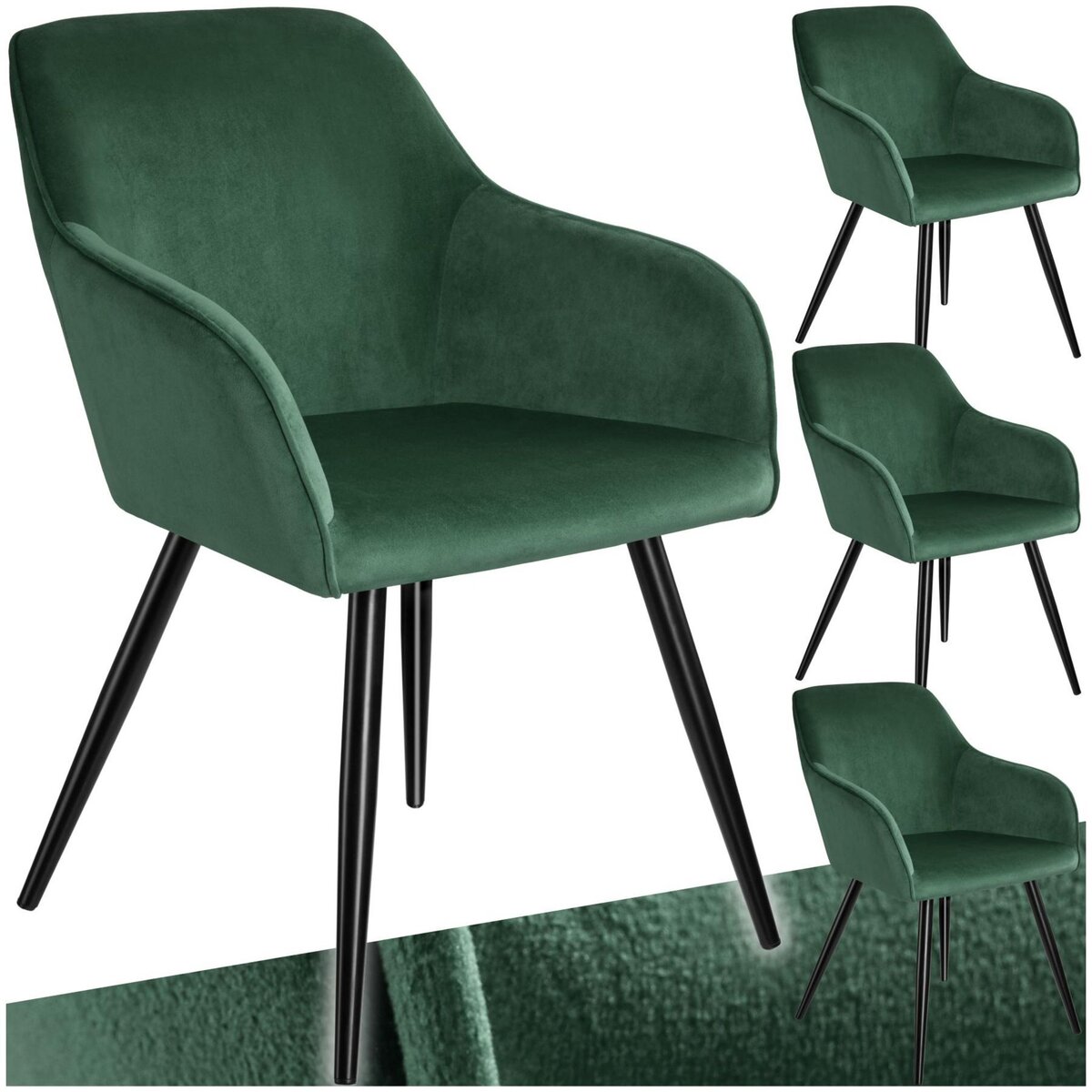 tectake Chaise style scandinave rembourrée aspect velours vert foncé/noir Lot de 4