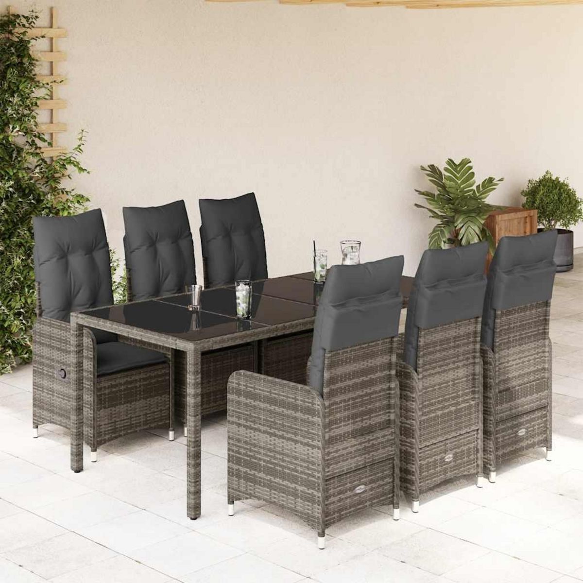 VIDAXL Ensemble de bistro de jardin 7 pcs coussins gris poly rotin