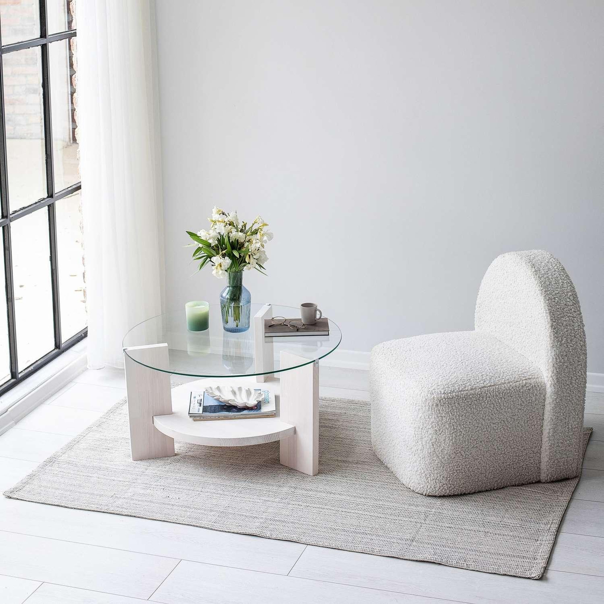 Voir la diapositive 2 : TOILINUX Table basse ronde 1 étagère auréline en verre et bois - transparent et blanc