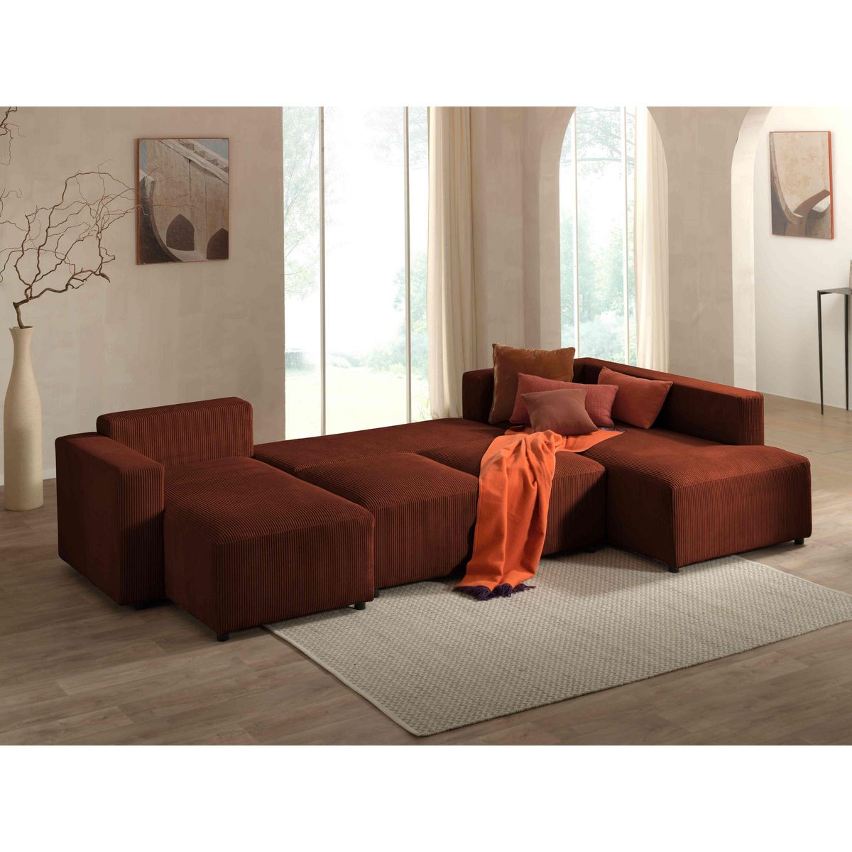 LISA DESIGN Livy - canapé panoramique convertible - avec coffre - en velours côtelé - 7 places - droit