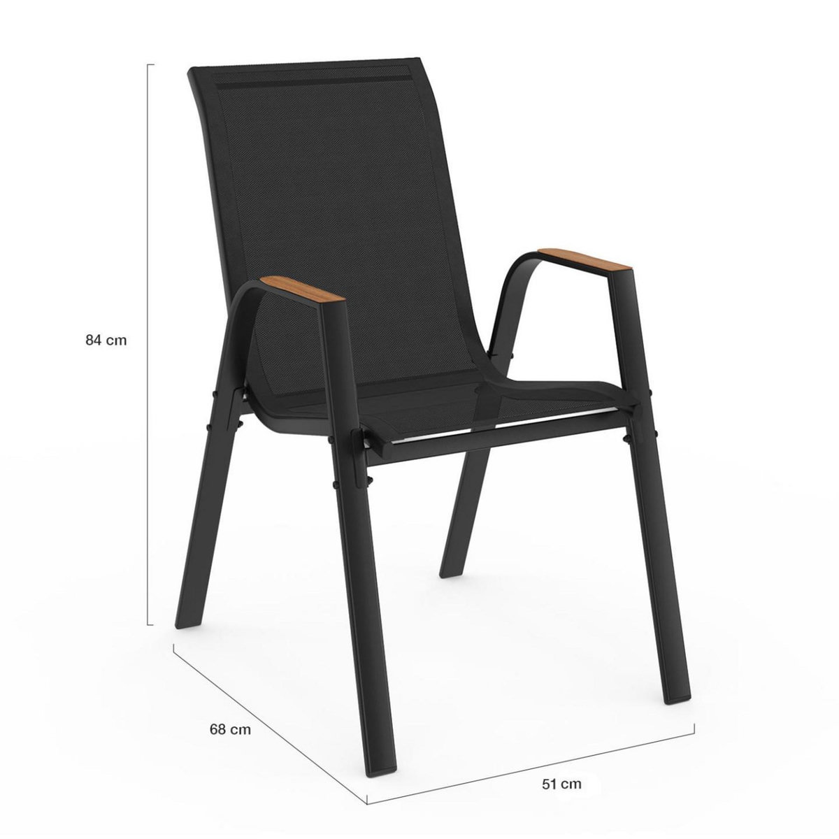 ID MARKET Salon de jardin NOUMEA table 150 cm plateau verre trempé effet bois et 6 chaises empilables noir et bois