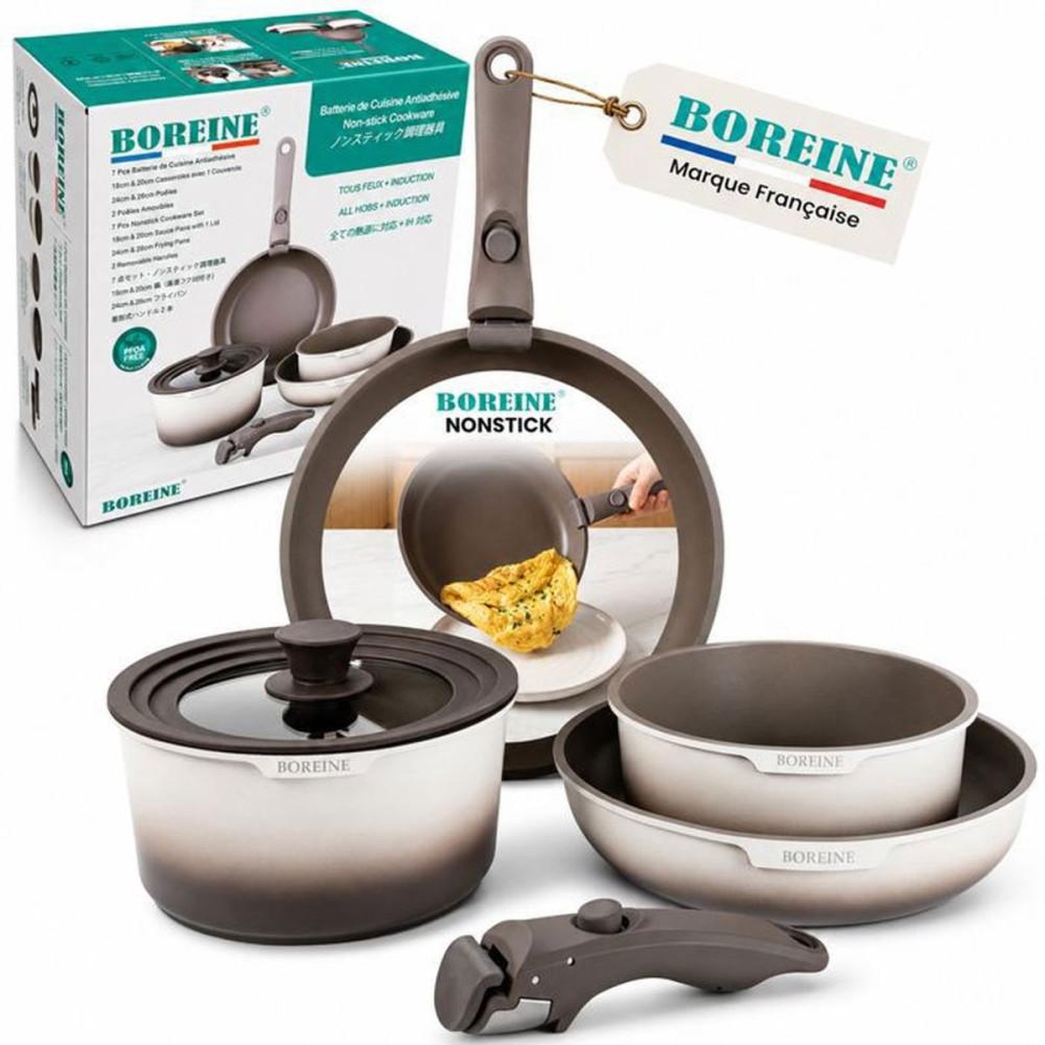 Set de casseroles et poêles antiadhésives 7 pièces avec poignées amovibles, couvercle silicone, compatible induction