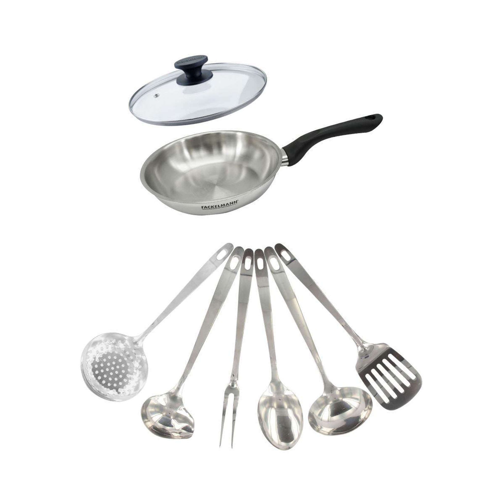 Fackelmann Set poêle 20 cm en inox, couvercle verre et 6 ustensiles inox fackelmann geneva