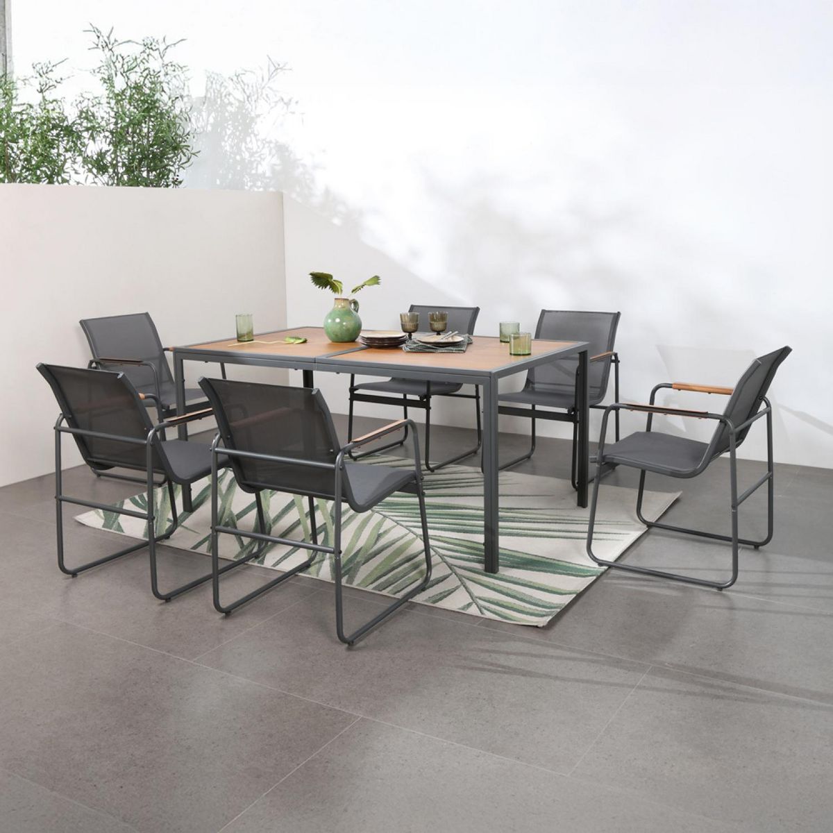 CONCEPT USINE Salon de jardin 6 places anthracite et bois FOGGIA