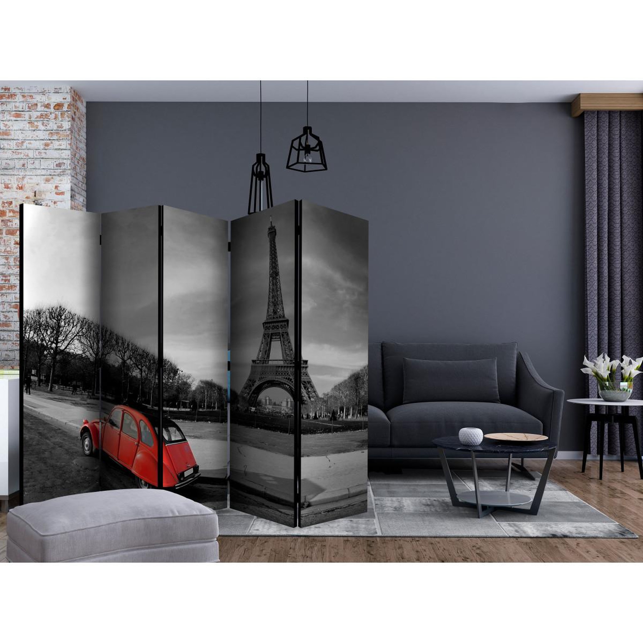 Voir la diapositive 2 : Paris Prix Paravent 5 volets  eiffel tower & red car  172x225cm