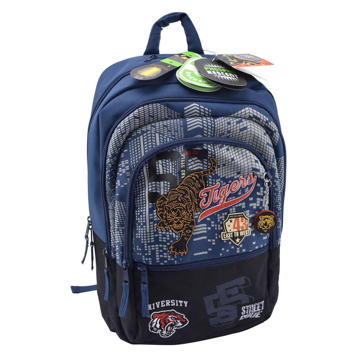 Sac à dos Premium brillant dans le noir 3 compartiments polyester noir et bleu TIGER STREET CODE