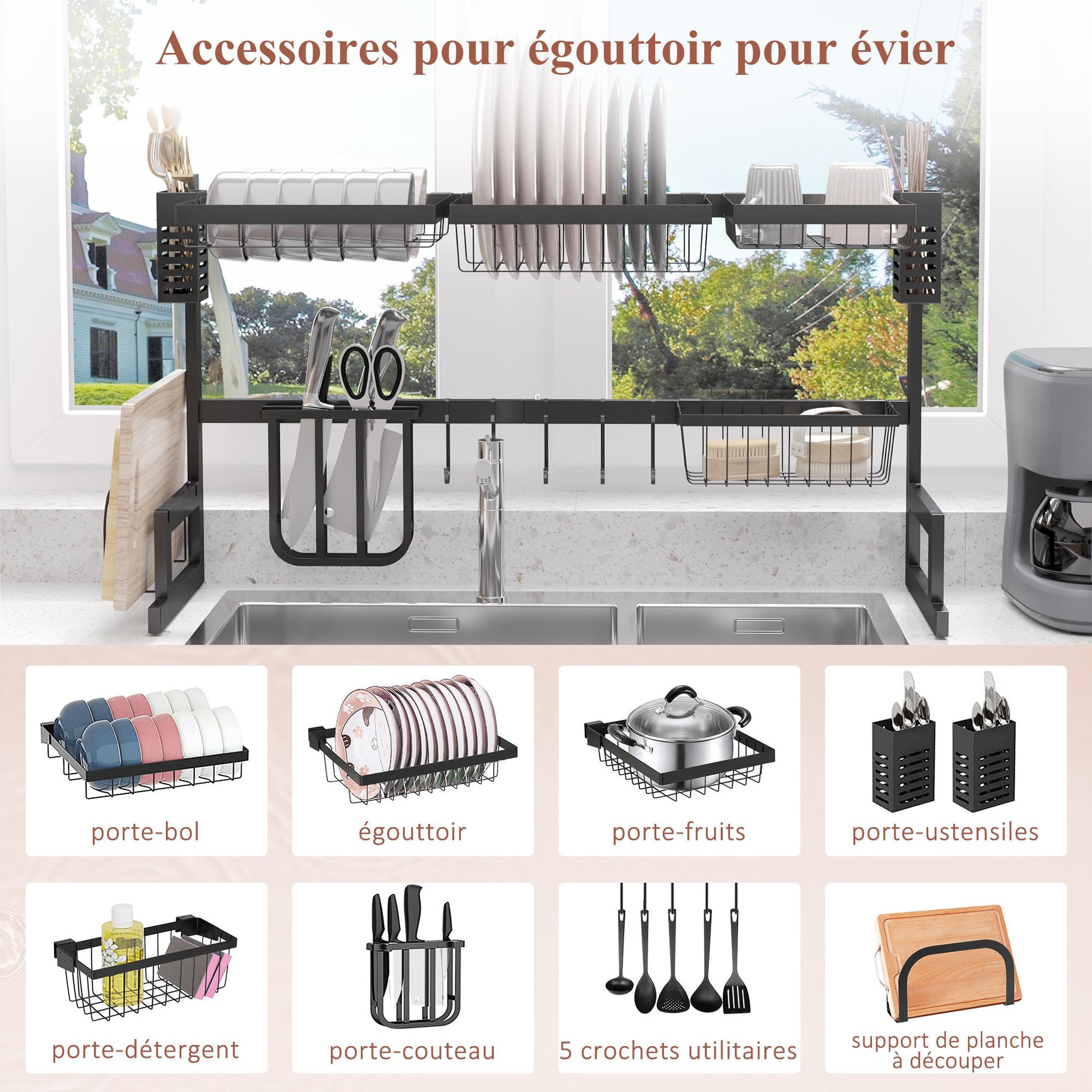 Voir la diapositive 5 : HOMCOM Égouttoir à vaiselle - organiseur d'évier - 8 espaces de séchage - pieds ventouses - acier inox. noir