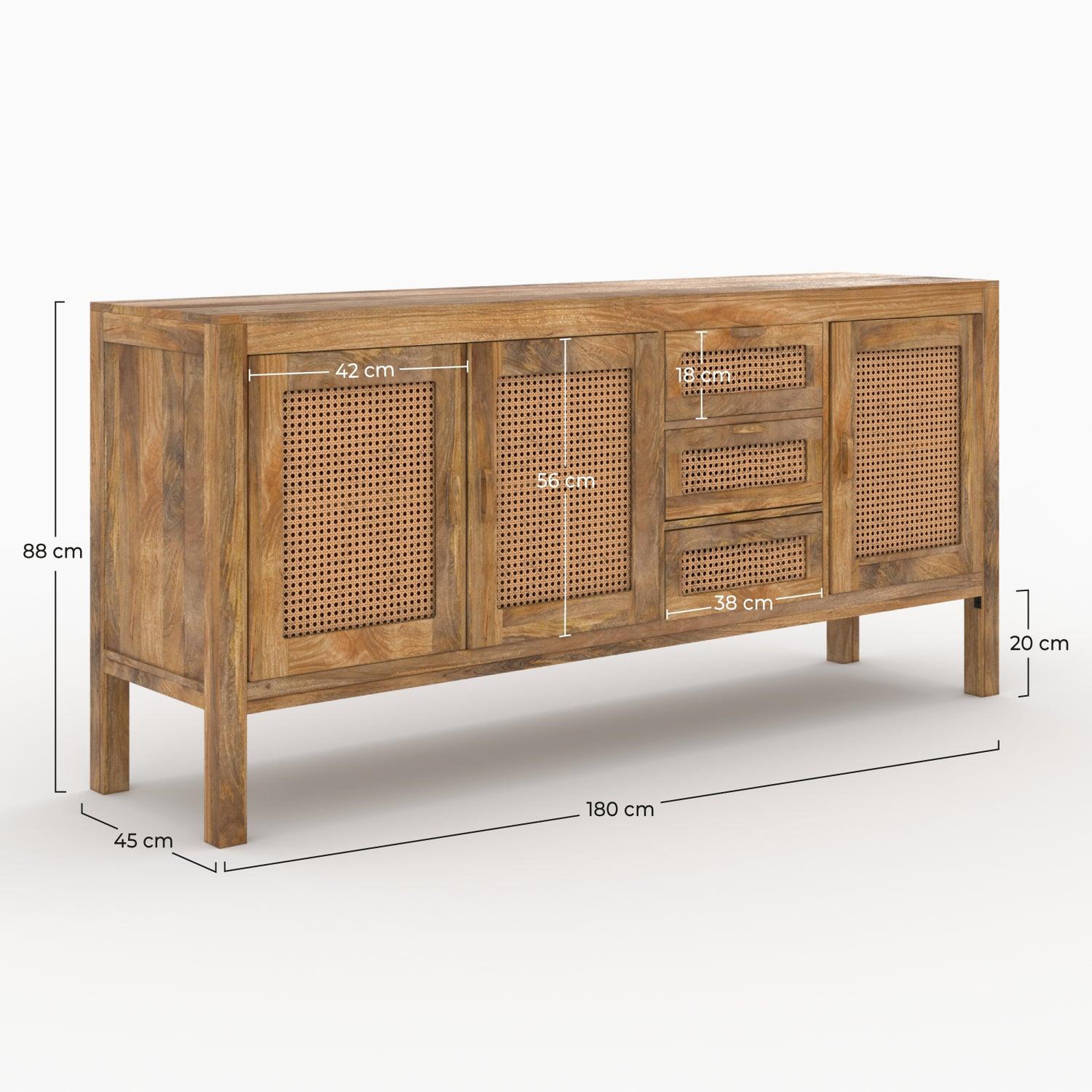 Voir la diapositive 4 : MAISON PAVANE Buffet 3 portes et 3 tiroirs en bois de manguier et cannage-tiki