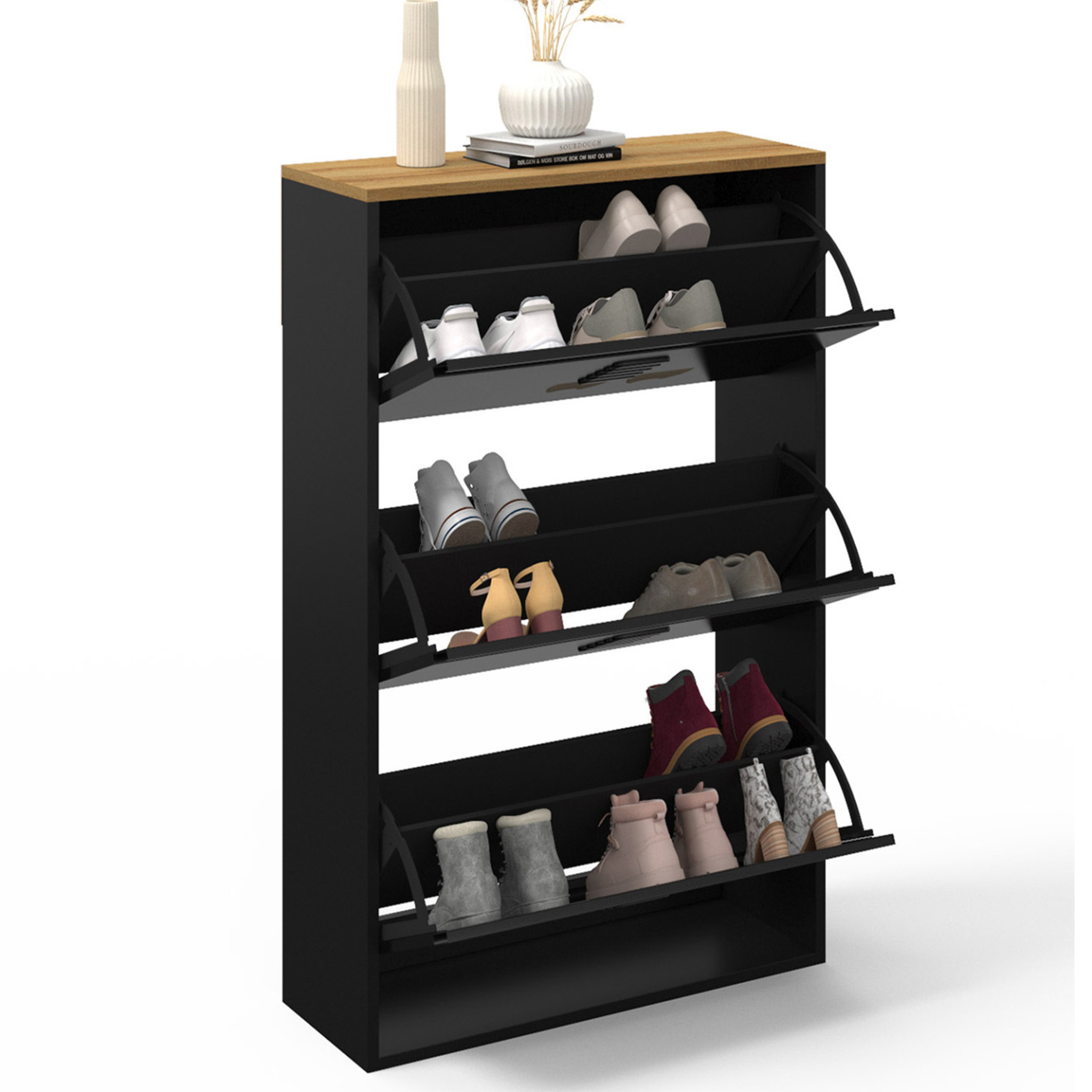 Voir la diapositive 4 : ID MARKET Meuble à chaussures 18 paires maxi capacité ester 3 portes métal noir et plateau façon hêtre design industriel