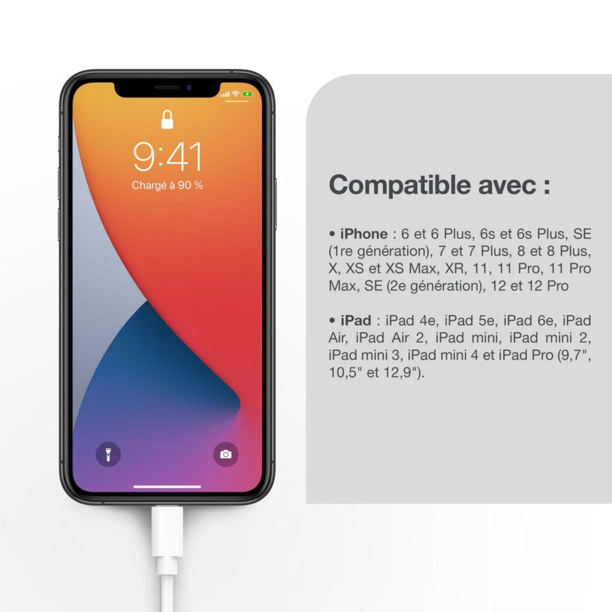 Voir la diapositive 5 : ESSENTIEL B Câble lightning vers usb 1m certifié apple blanc compatible iphone 14 13 12 pro max et ipad