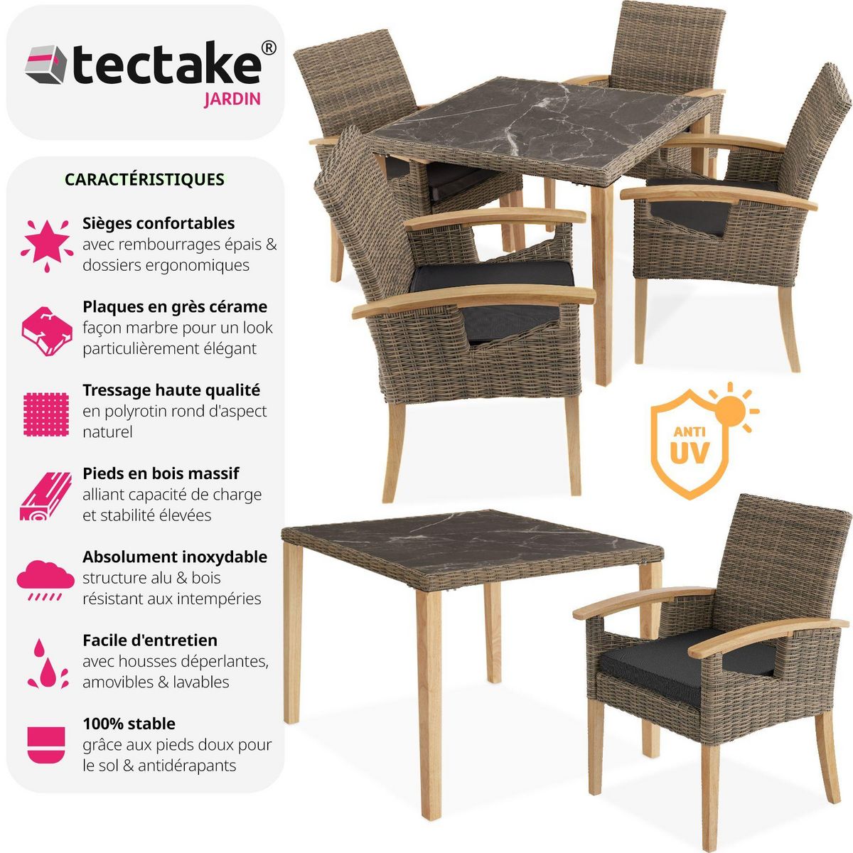 tectake Ensemble table en rotin avec 4 chaises avec cadre solide en bois marron naturel