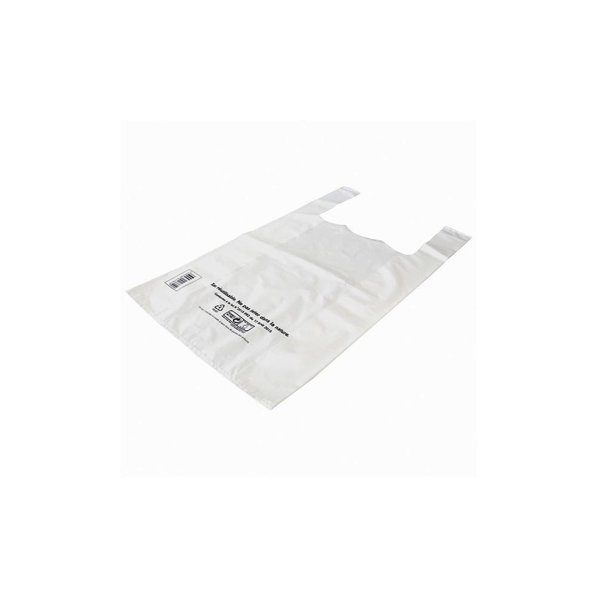 Sac réutilisable autoportant avec bretelles SPHERE en PEHD blanc, 50 microns, forme Sphere, découpe poignées intégrée, lot de 100 sacs