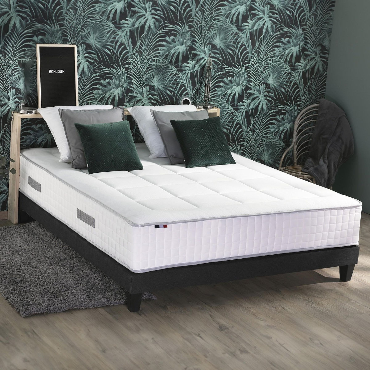 IDLITERIE Ensemble Matelas Ressort 7 zones + Mémoire de forme + Sommier + couette + oreillers BELLAGIO Fabriqué en France