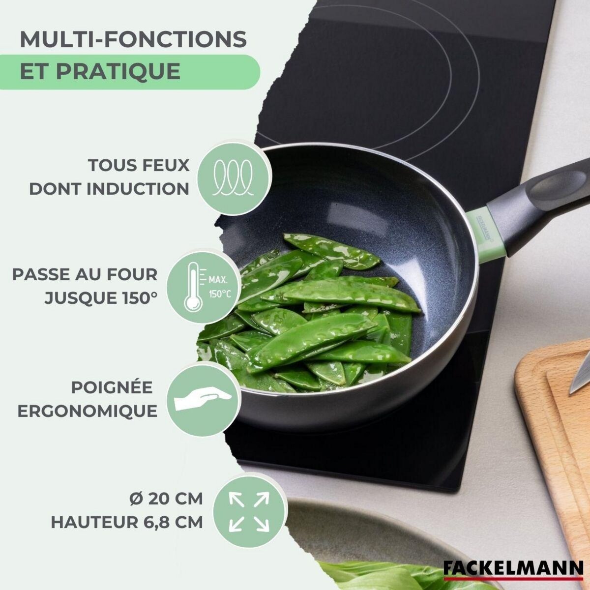 Fackelmann Wok 20 cm aluminium revêtement céramique antiadhésif sans PFAS Fackelmann Brandao