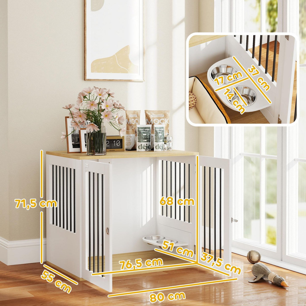 PAWHUT Cage pour chien en bois - 2 portes verrouillables, 2 gamelles rotatives  - 80 x 55 x 71 cm - blanc effet bois clair