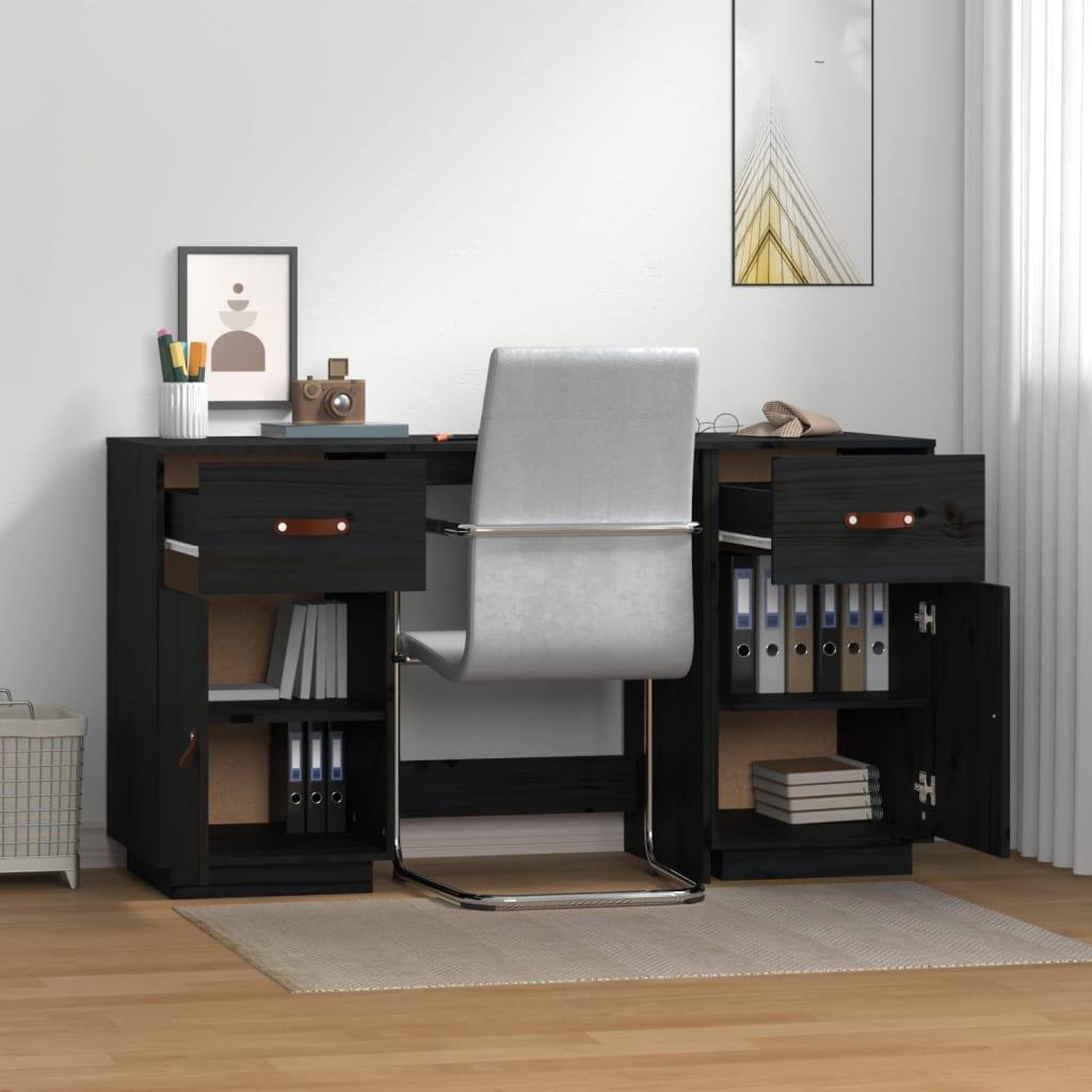 Voir la diapositive 3 : VIDAXL Bureau avec armoires Noir 135x50x75 cm Bois massif de pin