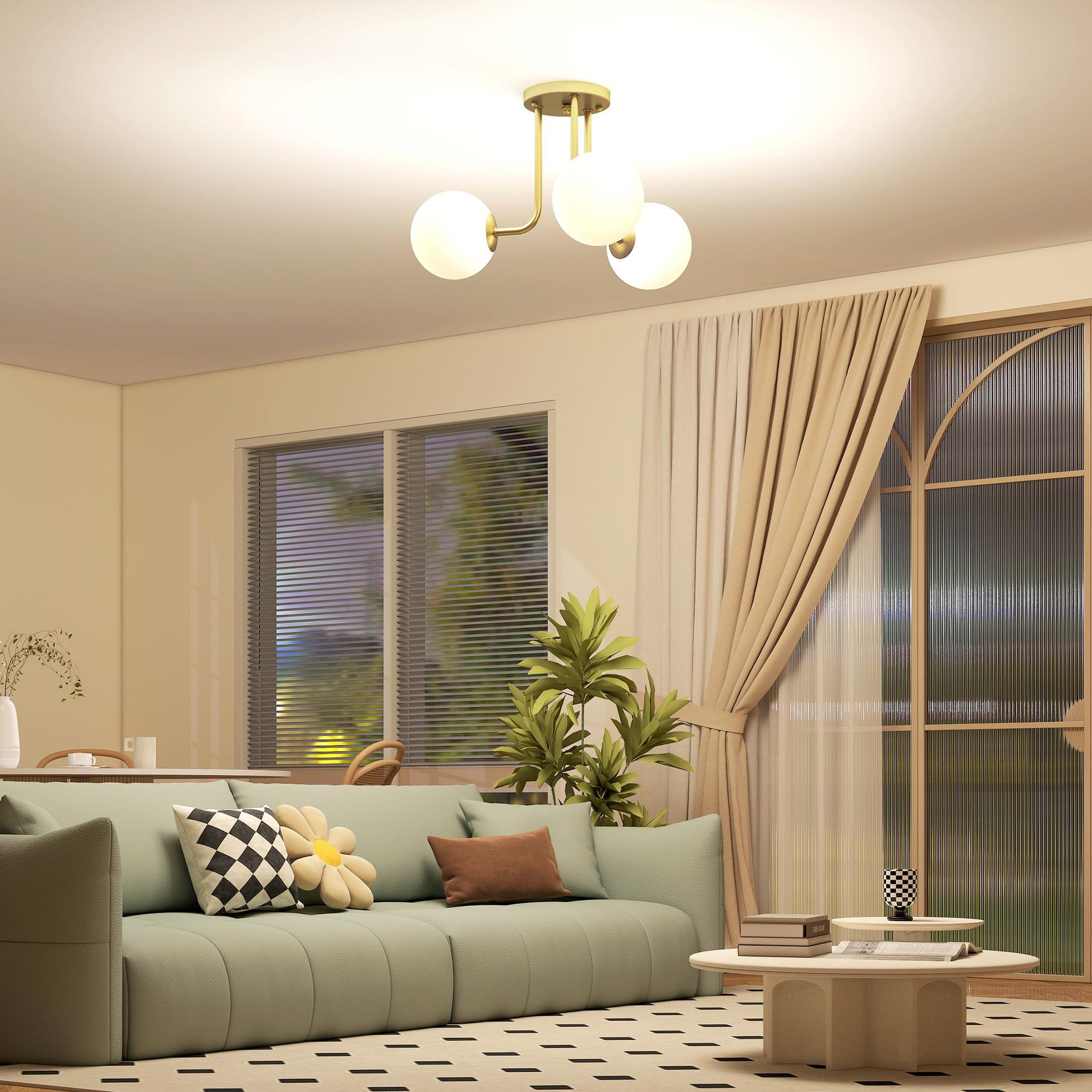 Voir la diapositive 4 : HOMCOM Plafonnier design doré dia. 42 cm 3 lampes boules verre dépoli blanc métal