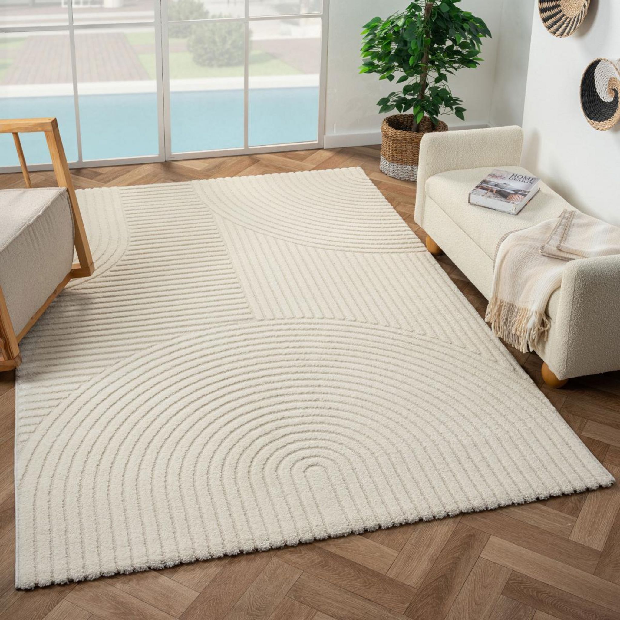 Dezenco Tapis salon et chambre tissé motif simple CERNAN. Coloris disponibles : Beige