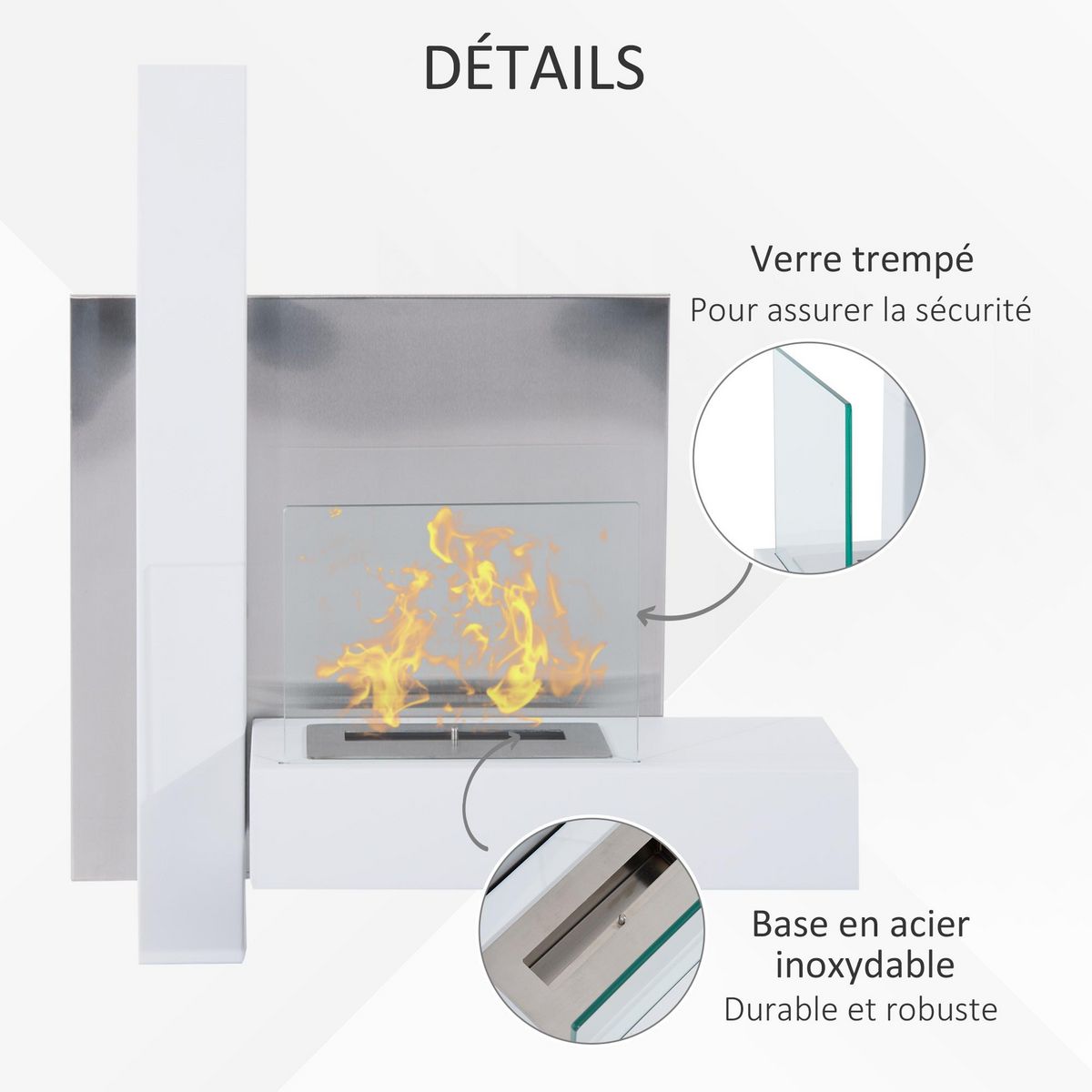 HOMCOM Cheminée bioéthanol murale design Bauhaus 1 brûleur 1,5 L 75L x 22l x 63H cm couverture 20-25 m² acier blanc inox. brossé