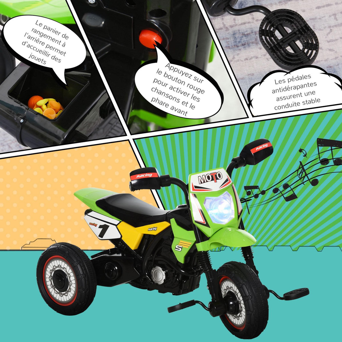 HOMCOM Tricycle enfants moto cross effets musicaux et lumineux coffre rangement