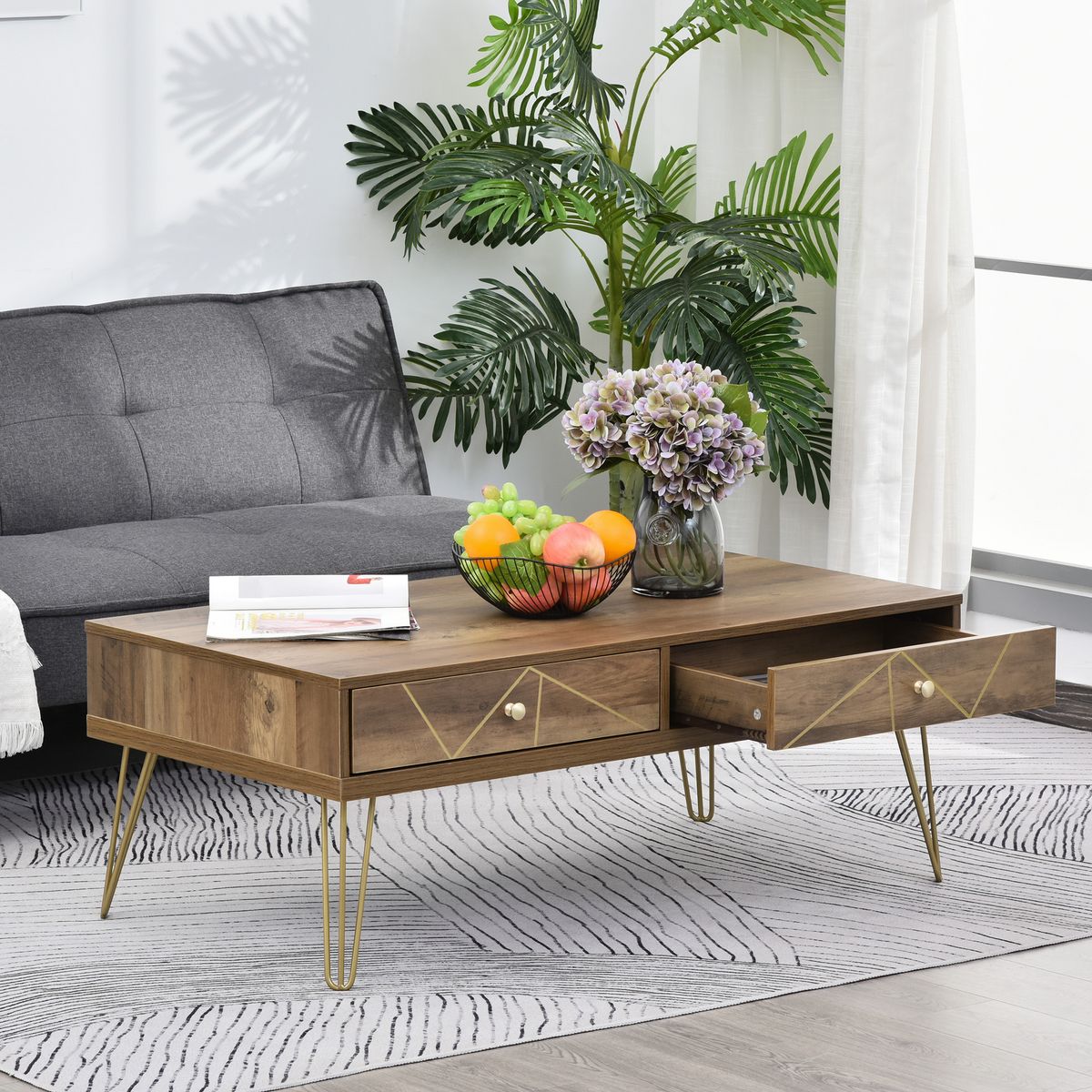 HOMCOM Table Basse en Bois Table de Salon Grand Plateau et 2 Tiroirs Design de Luxe Élégant Décoration avec Lignes Dorées Peintes à La Main 110L x 59l x 42H cm Brun