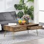 Voir la diapositive 4 : HOMCOM Table Basse en Bois Table de Salon Grand Plateau et 2 Tiroirs Design de Luxe Élégant Décoration avec Lignes Dorées Peintes à La Main 110L x 59l x 42H cm Brun