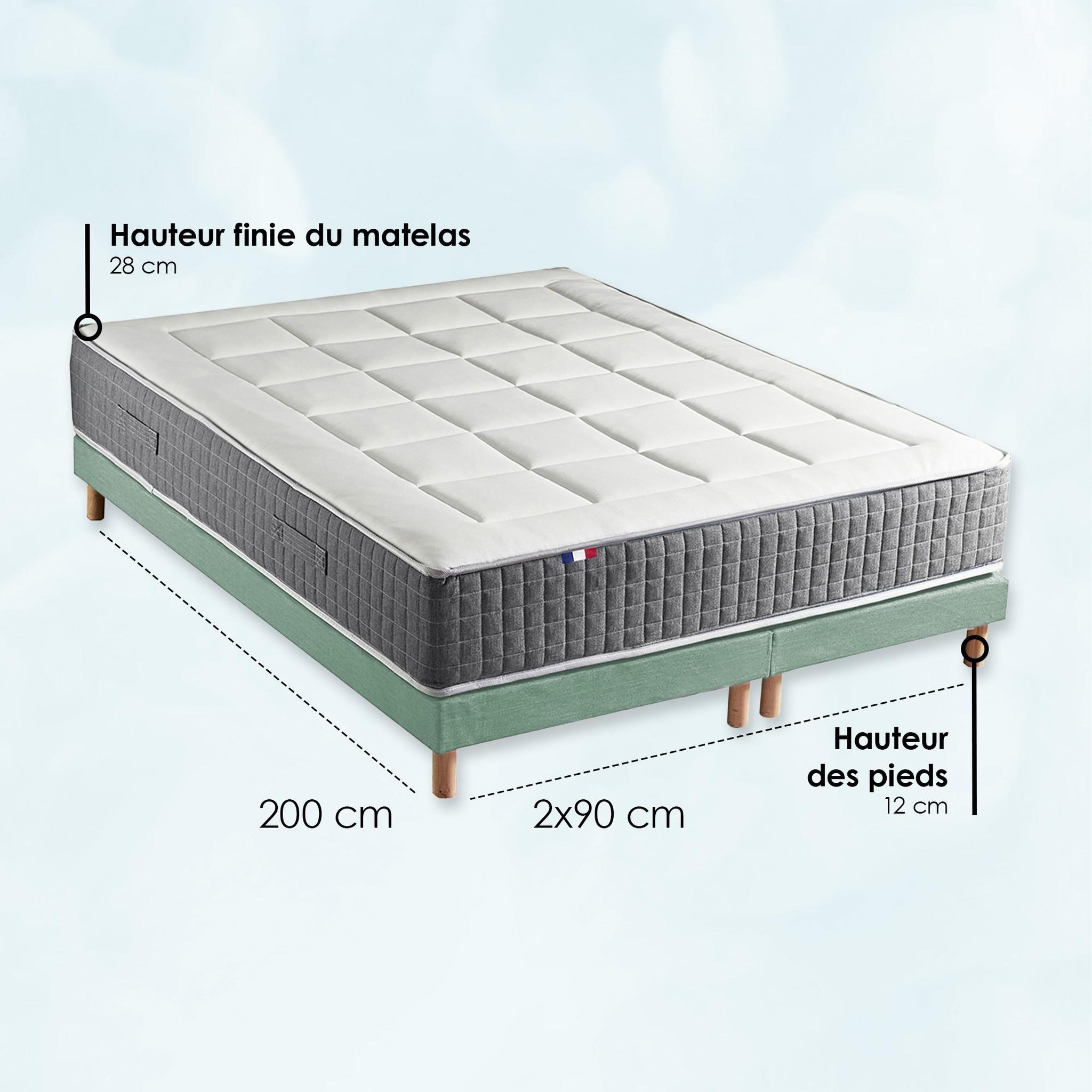 Voir la diapositive 5 : IDLITERIE Ensemble Matelas Ressort 7 zones H.28cm + Sommier + couette + oreillers Fabriqué en France MAX