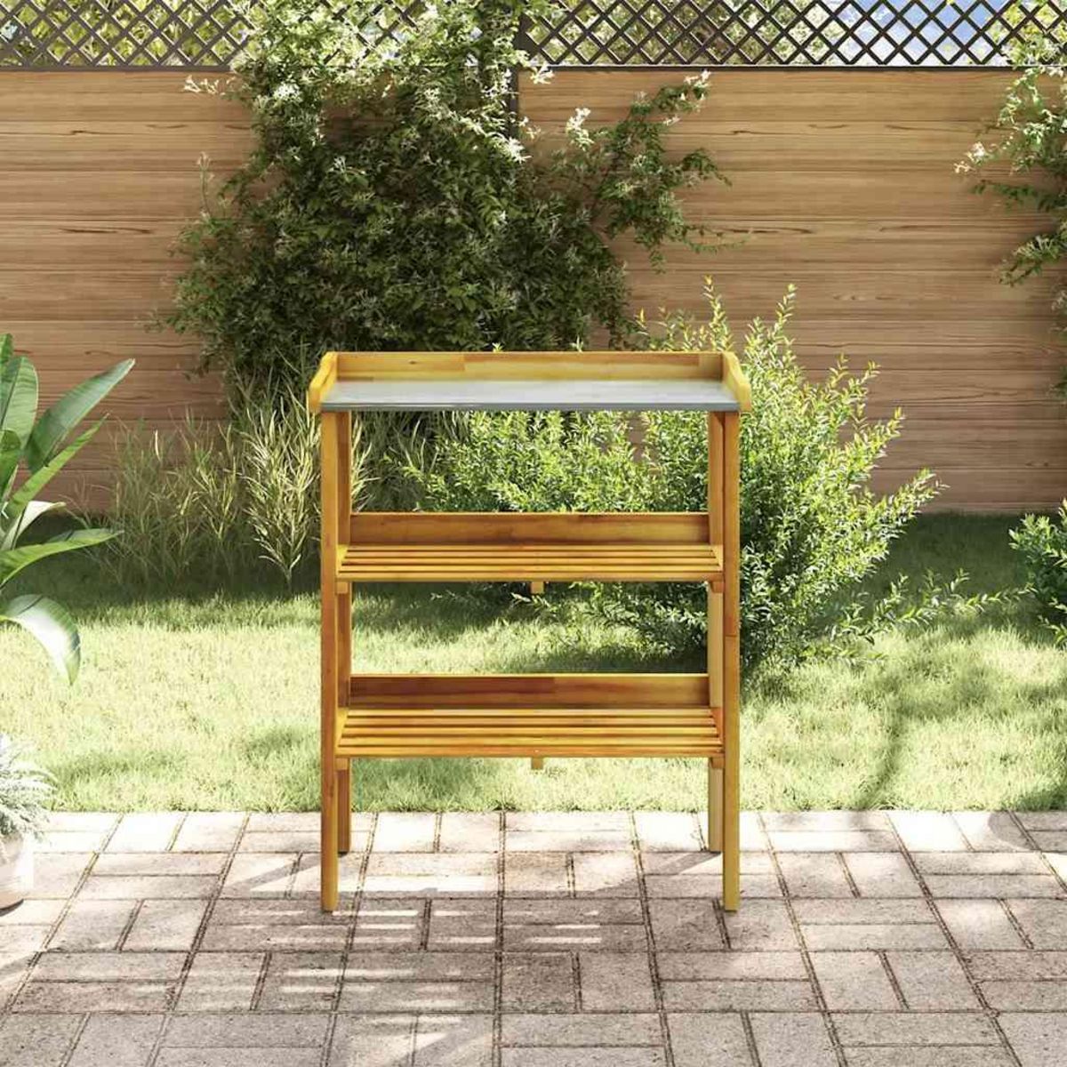 VIDAXL Banc a jardiniere avec 2 etageres Bois massif d'acacia et zinc