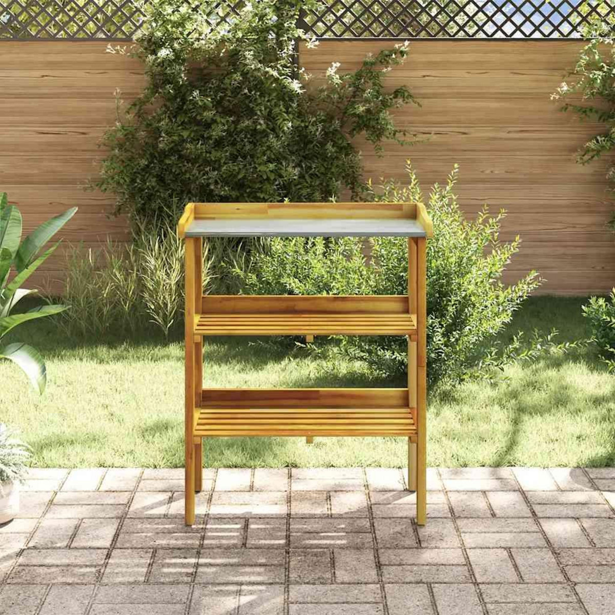 VIDAXL Banc a jardiniere avec 2 etageres Bois massif d'acacia et zinc