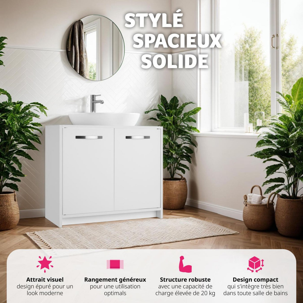 tectake Meuble sous-lavabo grand espace de rangement blanc