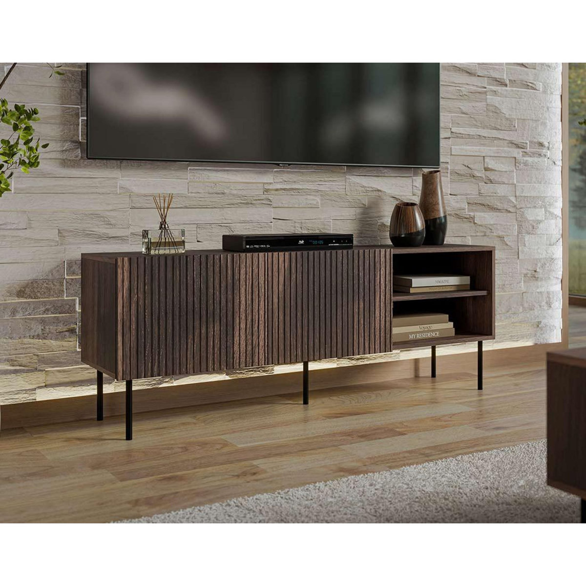 BEST MOBILIER Franco - meuble tv - effet bois - 2 portes et 2 niches - 150 cm