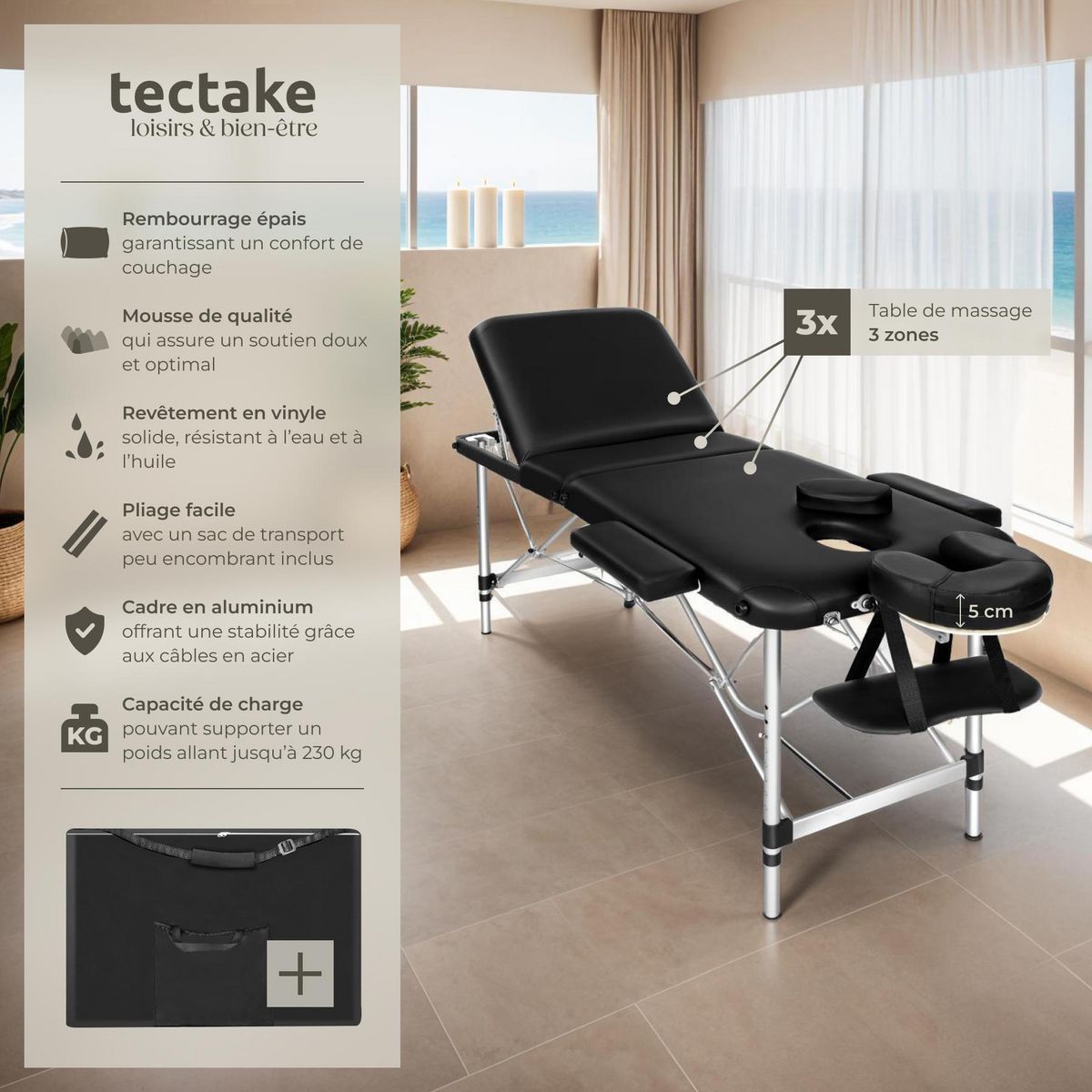 tectake Table de massage 3 zones largeur 61 cm et rembourrage 5 cm noir