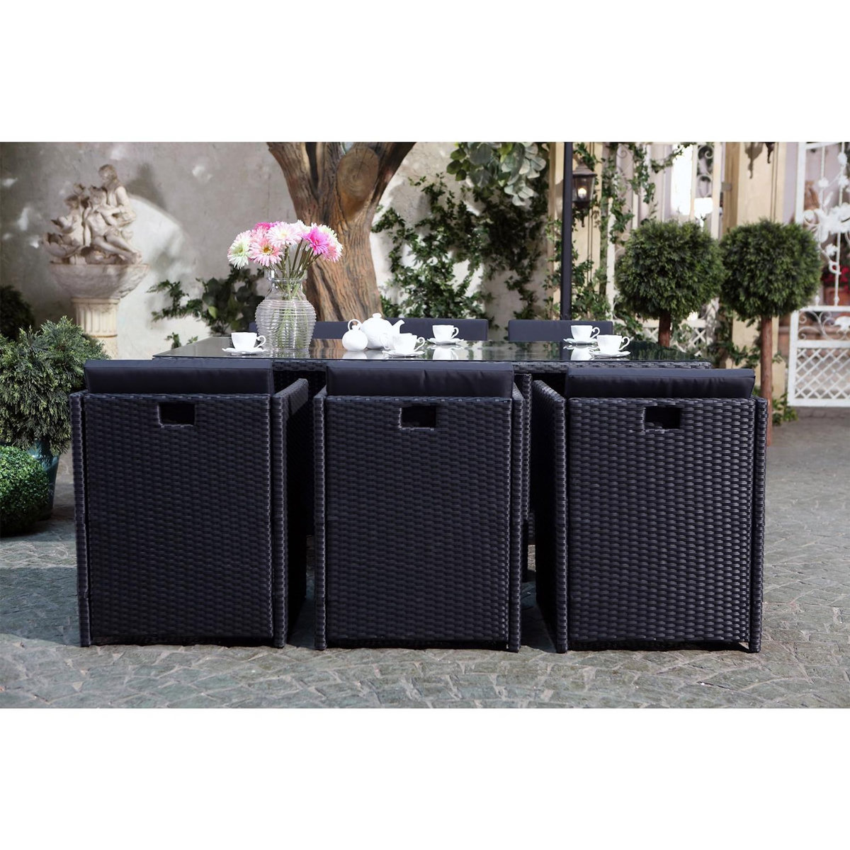 CONCEPT USINE MIAMI - Salon de jardin 6 places noir-noir + housse de protection MIAMI