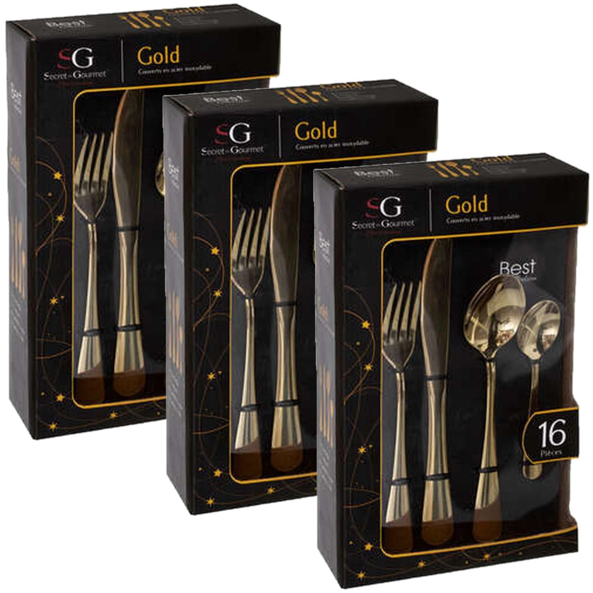 TOILINUX Lot de 3 Ménagères en Acier Inoxydable - 48 Couverts - Doré
