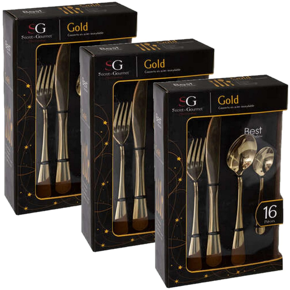 TOILINUX Lot de 3 Ménagères en Acier Inoxydable - 48 Couverts - Doré