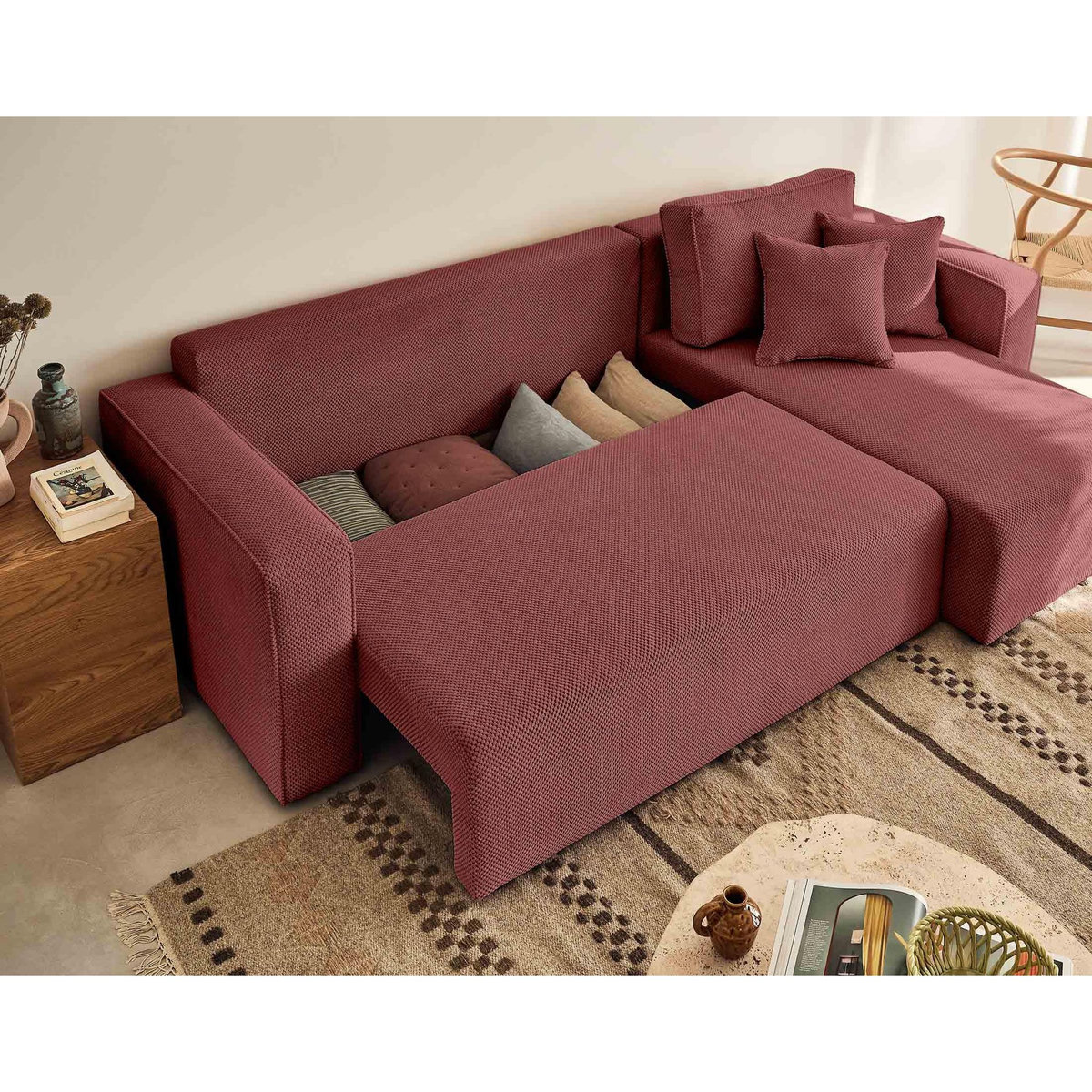 BEST MOBILIER Topaze - canapé d'angle réversible - 4 places - convertible avec coffre - en velours texturé