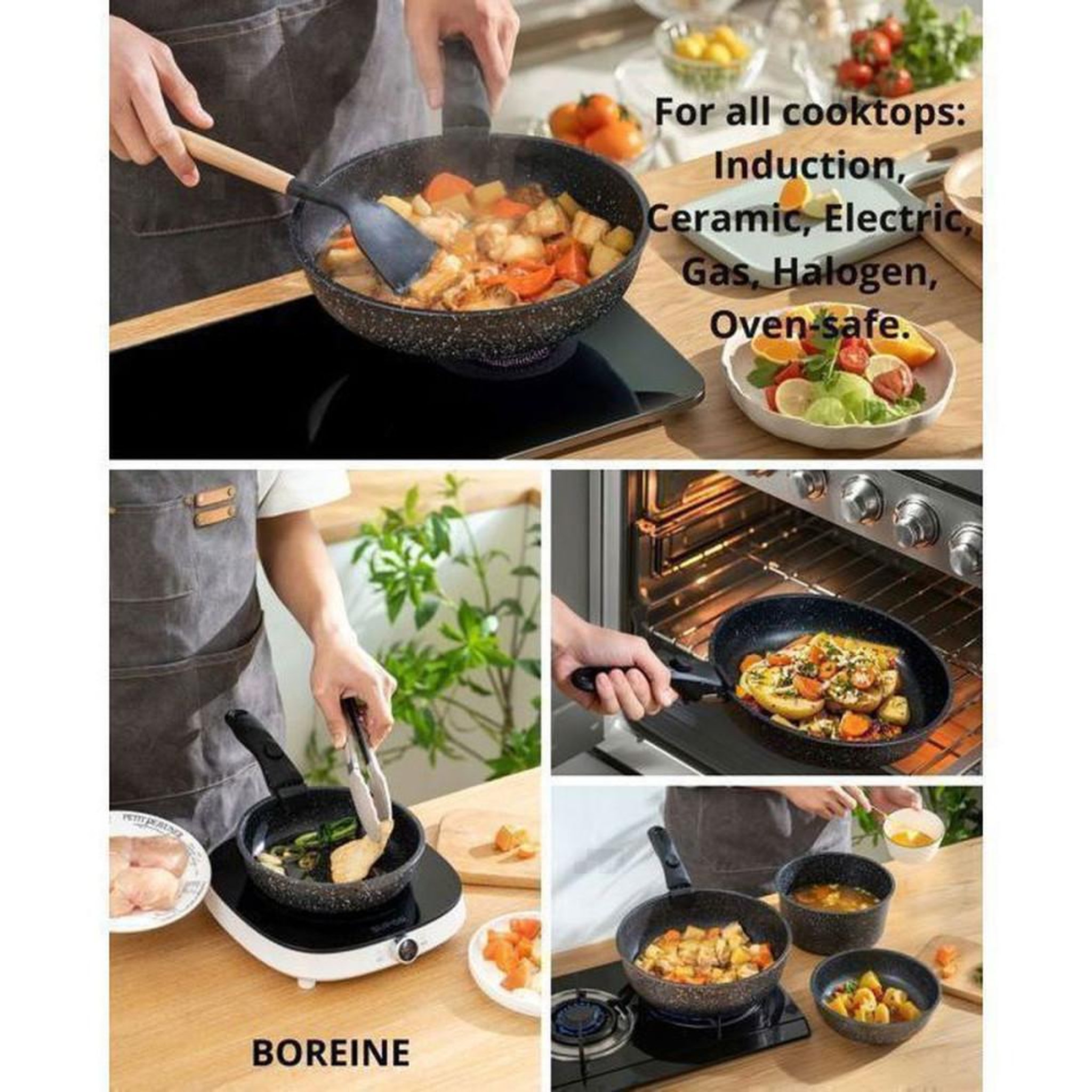 Voir la diapositive 4 : Coffret batterie de cuisine 14 pièces effet pierre noir, revêtement antiadhésif, poignées amovibles, couvercles silicone et conservation, compatible induction et four jusqu'à 250°C