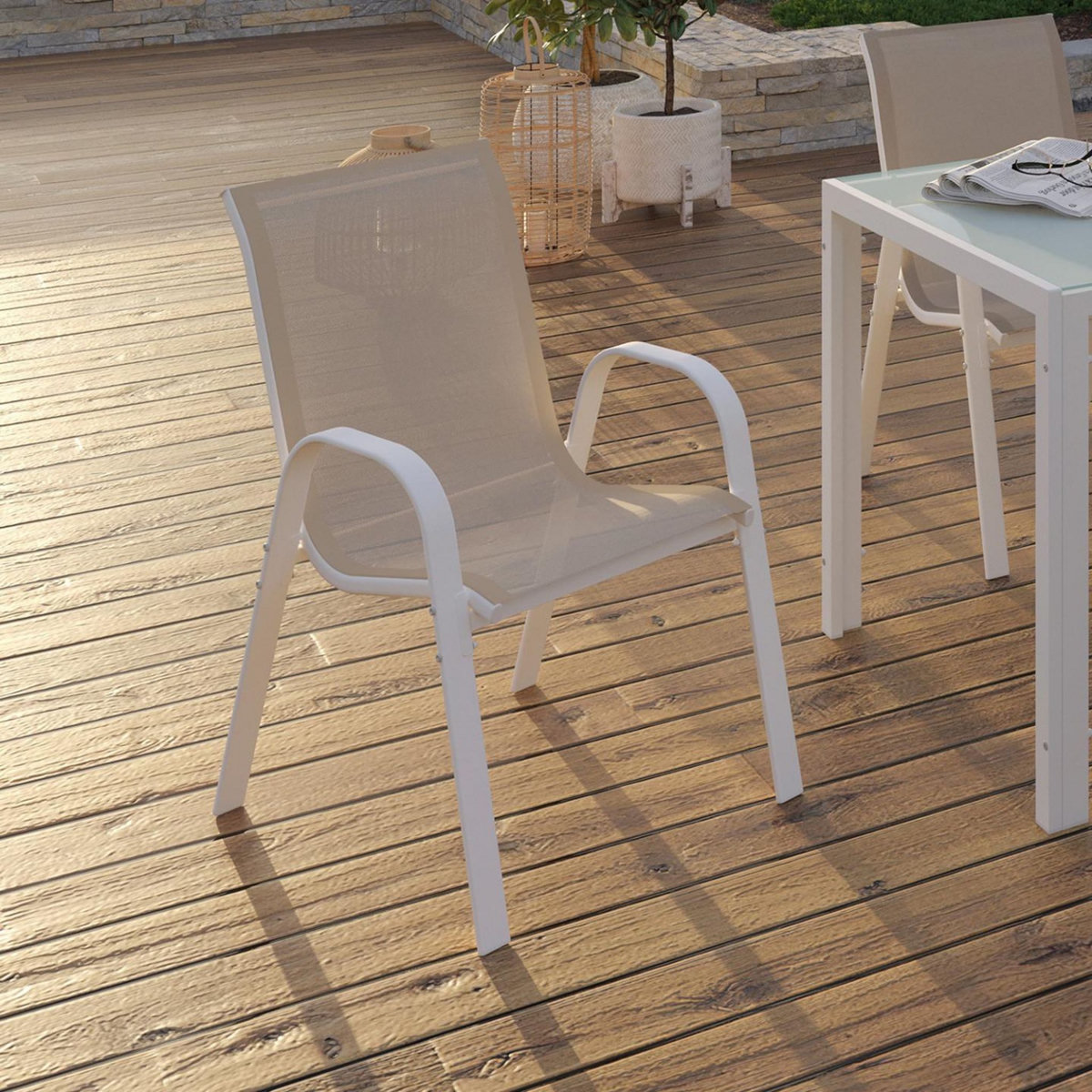 ID MARKET Lot de 6 chaises de jardin LYMA métal et textilène empilables blanc et beige