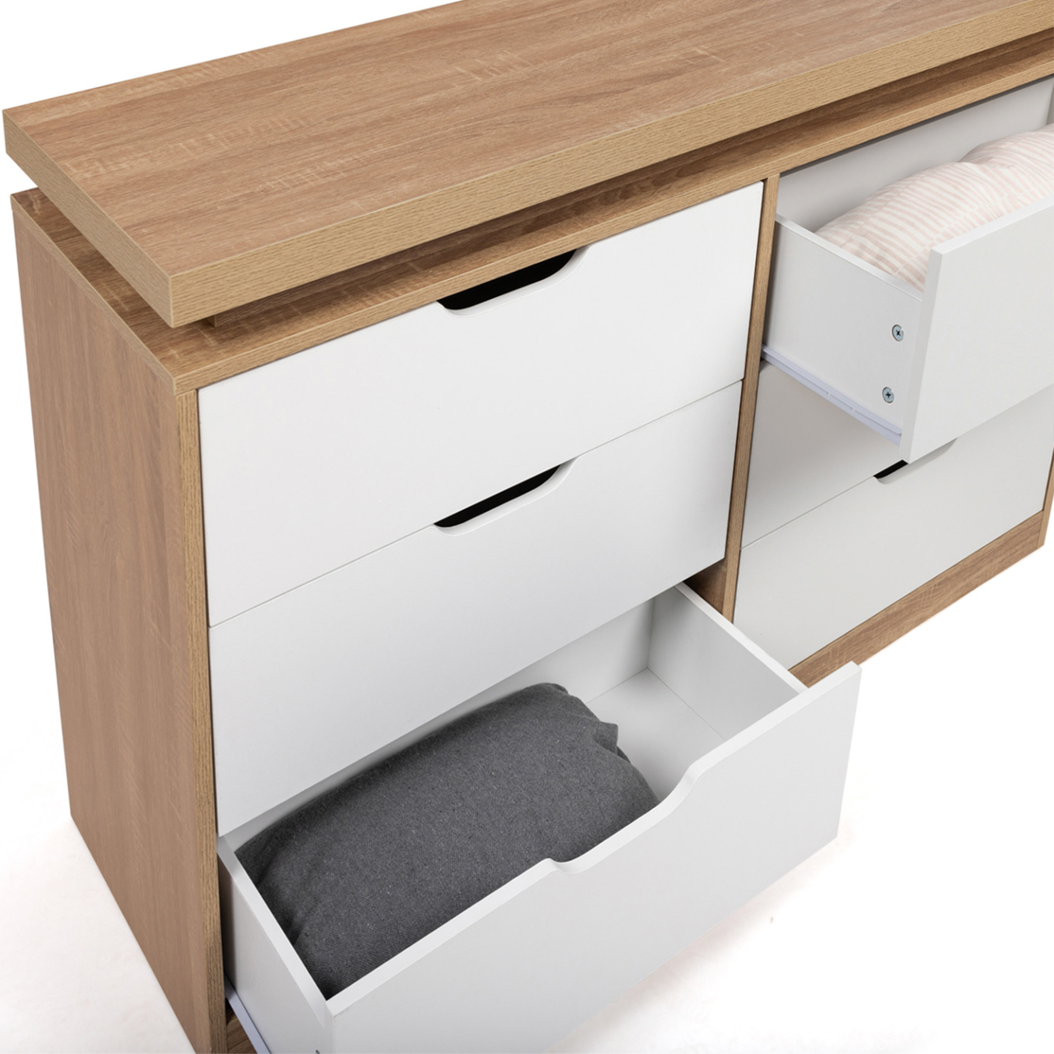 Voir la diapositive 6 : ID MARKET Commode 6 tiroirs luna à leds 115 cm blanc et effet bois