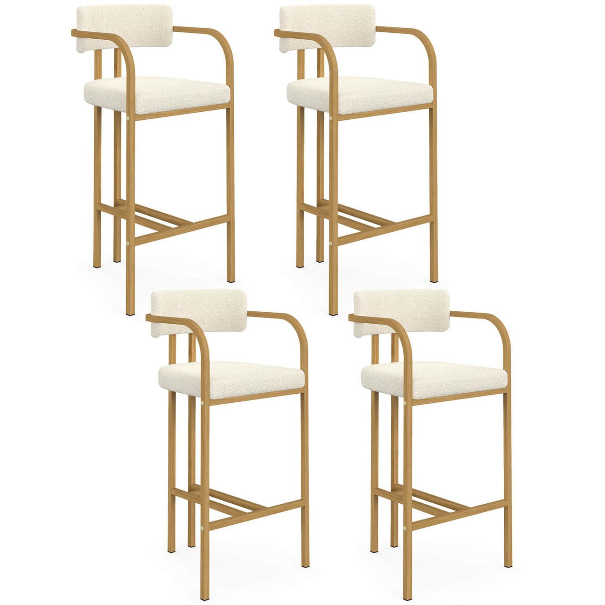 ID MARKET Lot de 4 tabourets de bar ESMA en métal effet bois et tissu bouclette avec accoudoirs